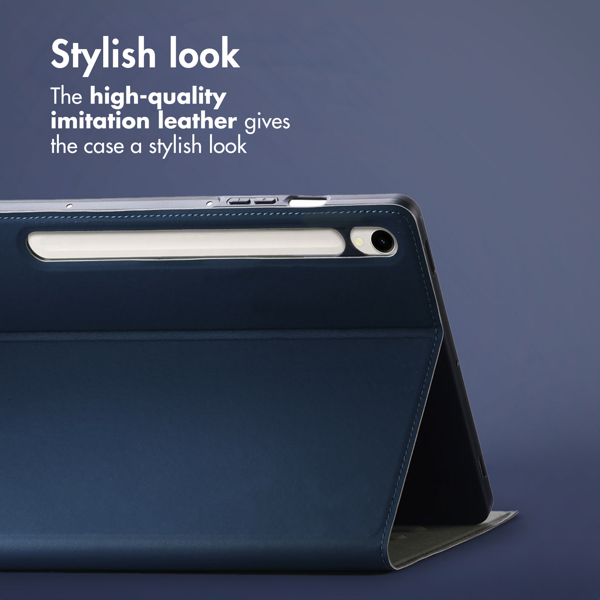 A blue leather tablet case on a dark blue surface, showing the stylus holder and camera cutout.