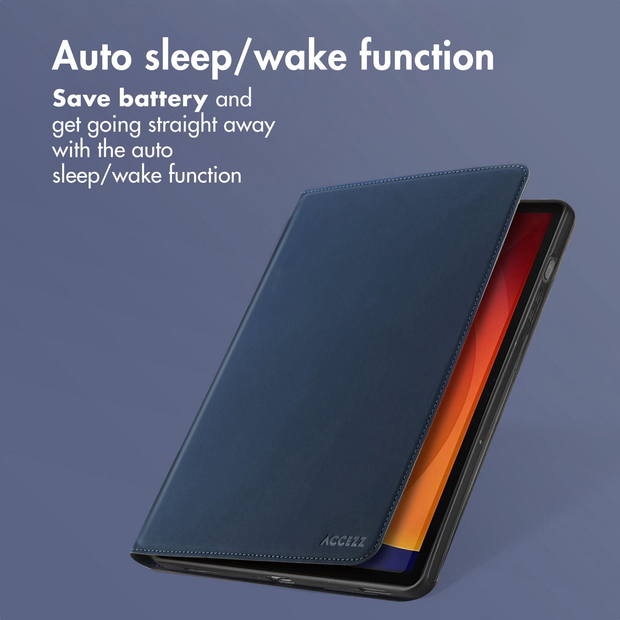 A blue tablet case with auto-sleep function against a grey background.