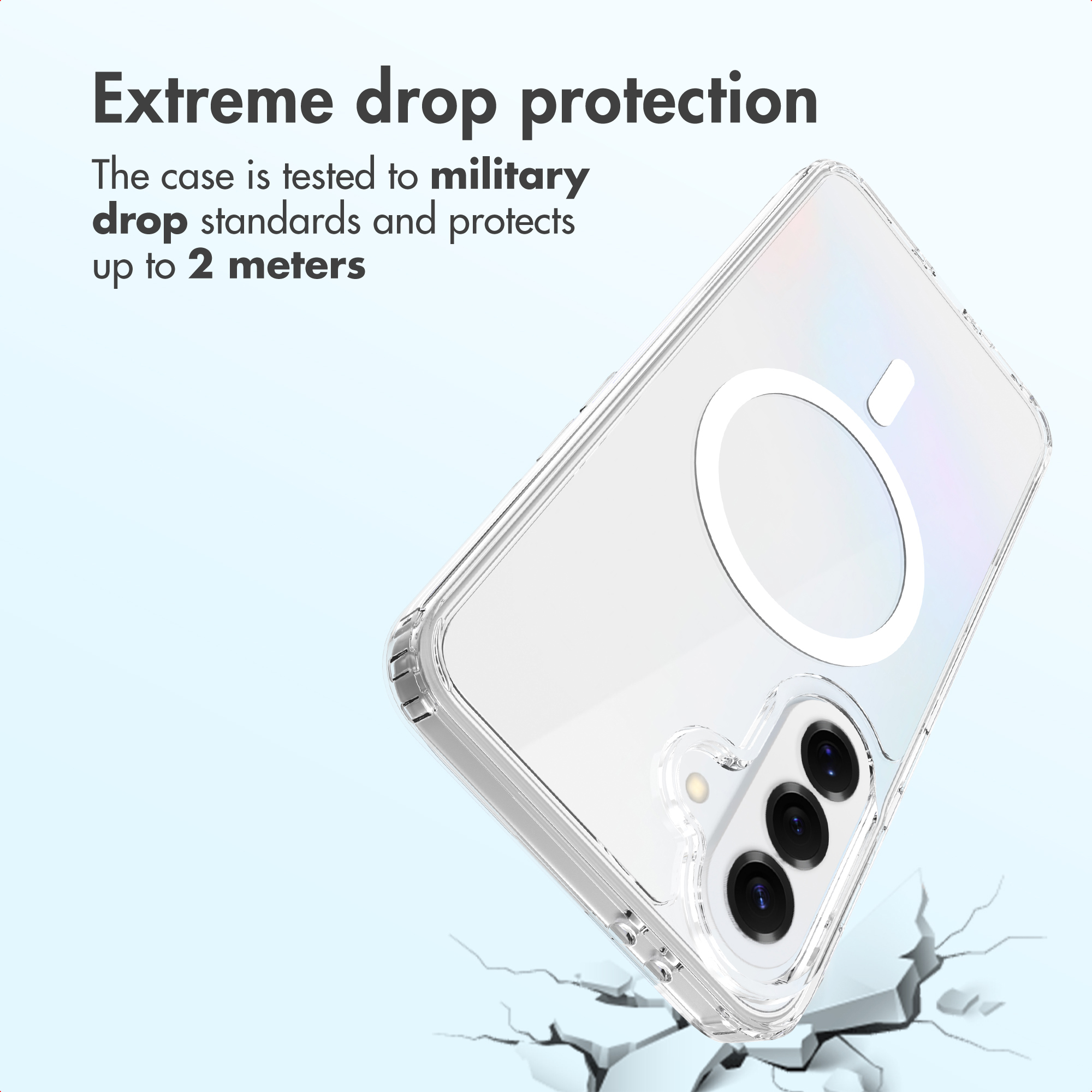 Coque de protection transparente pour smartphone avec découpe pour l'appareil photo sur fond fissuré et texte.
