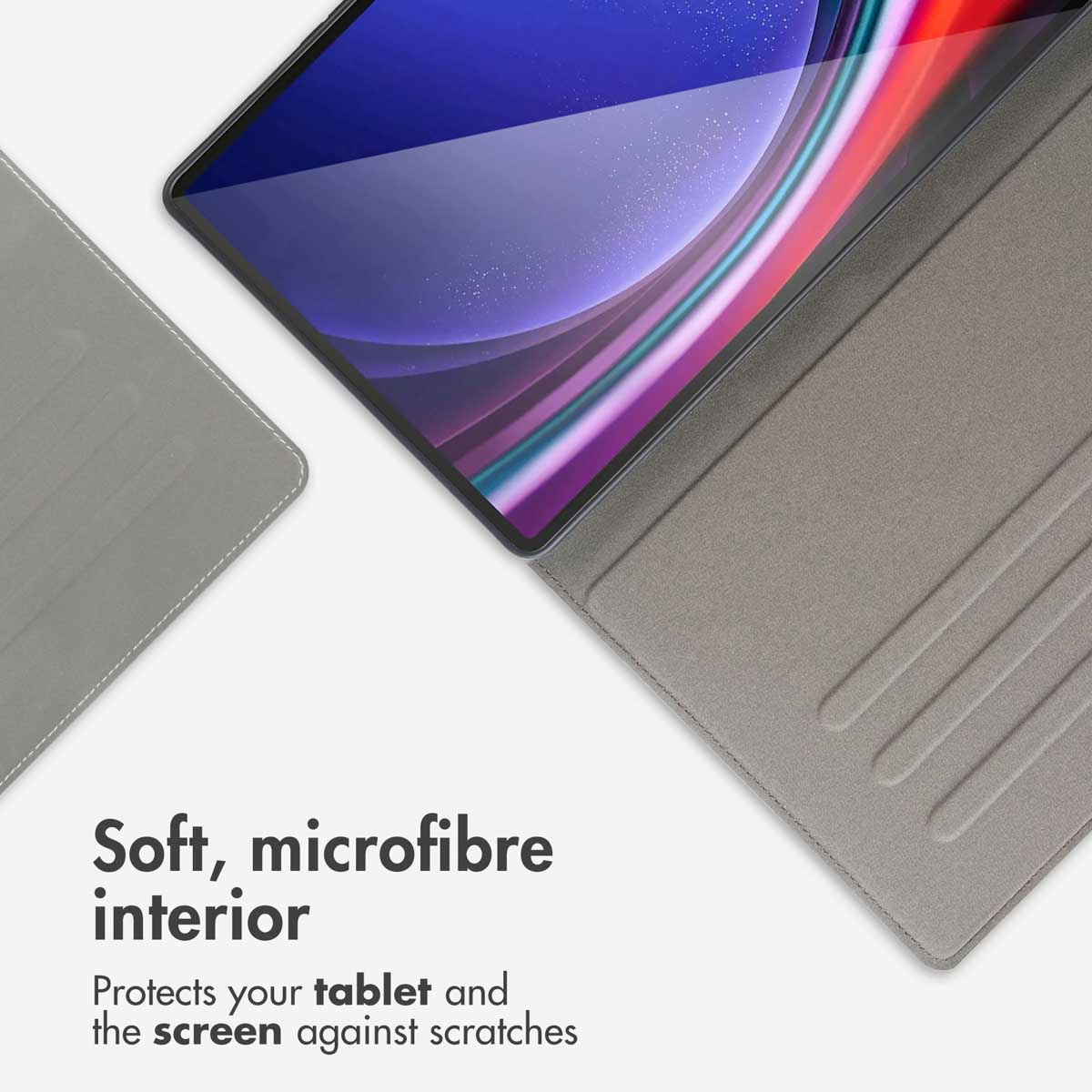Tablet in a gray protective case with a microfiber interior for scratch protection.