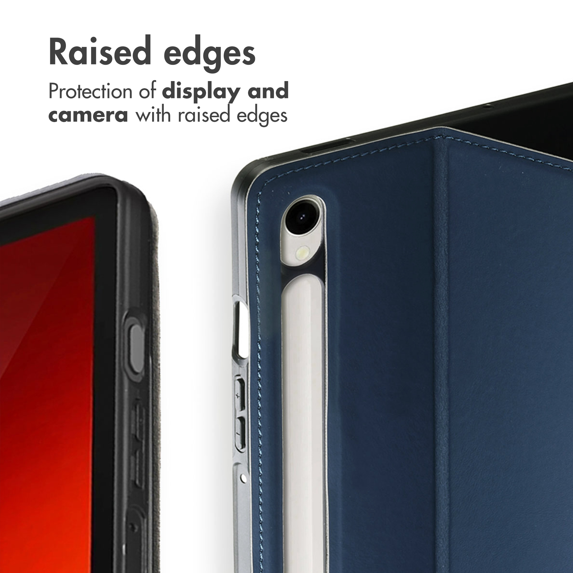 Blue tablet case featuring raised edges for display and camera protection.