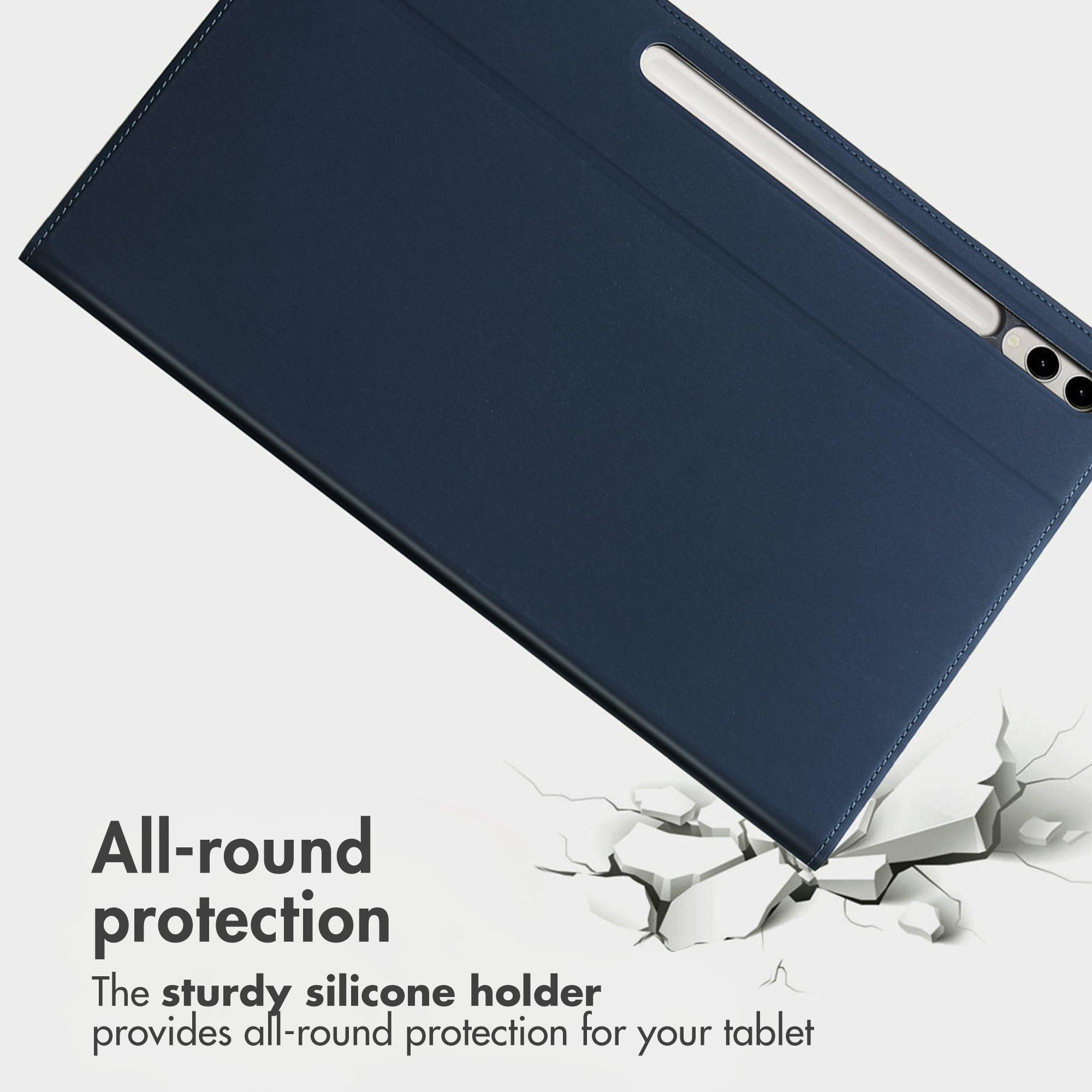 Blue tablet case with integrated stylus holder on white background with cracked details.