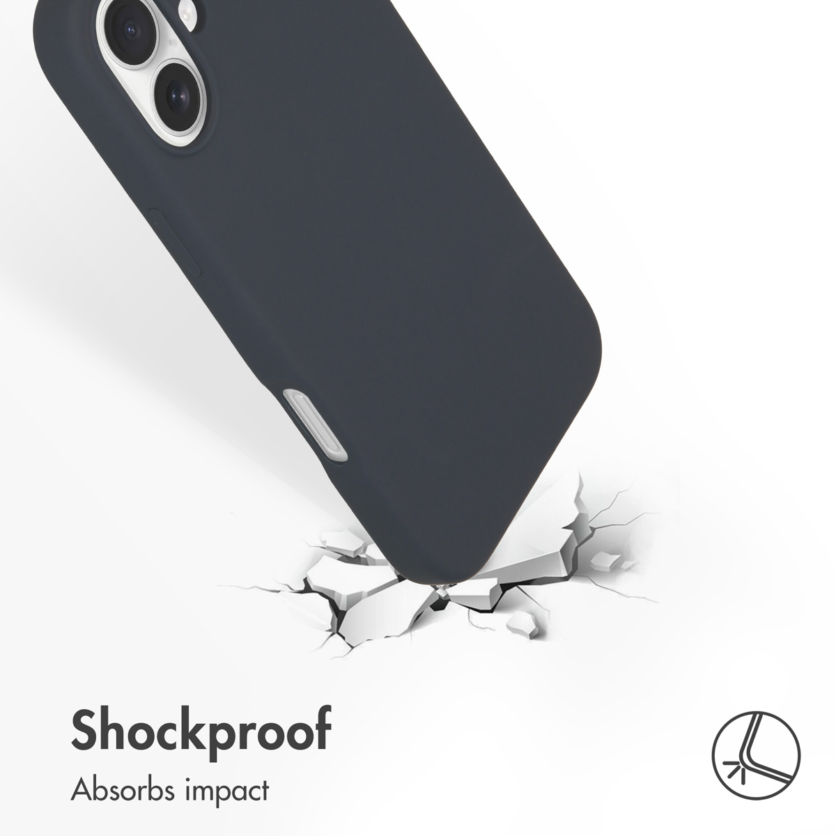 Una cover per telefono antiurto spacca il suolo, con testo Shockproof e un'icona.