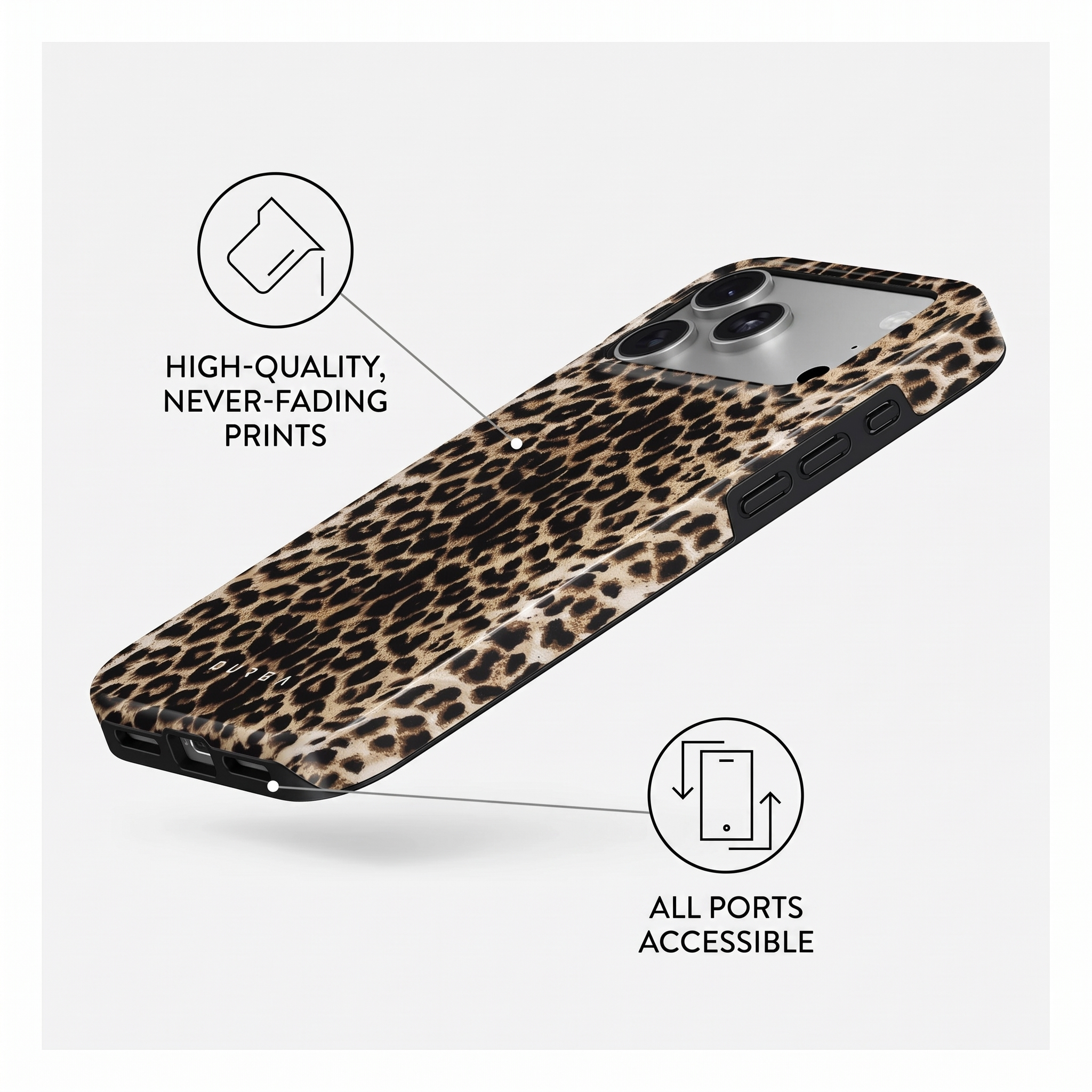 Coque de téléphone motif léopard avec graphiques soulignant l'impression durable et les ports accessibles.