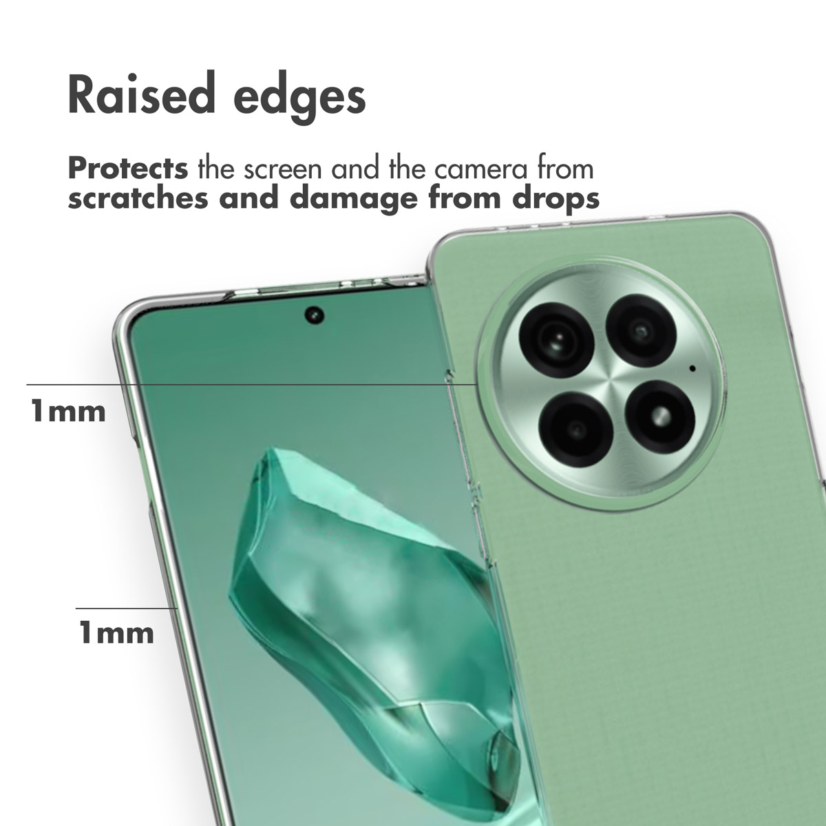 Custodia verde per smartphone con bordi rialzati di 1 mm per proteggere schermo e fotocamera.