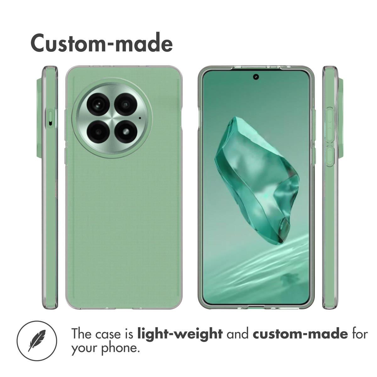 Custodia verde per telefono con modulo fotocamera rotondo, mostrata da più angolazioni.