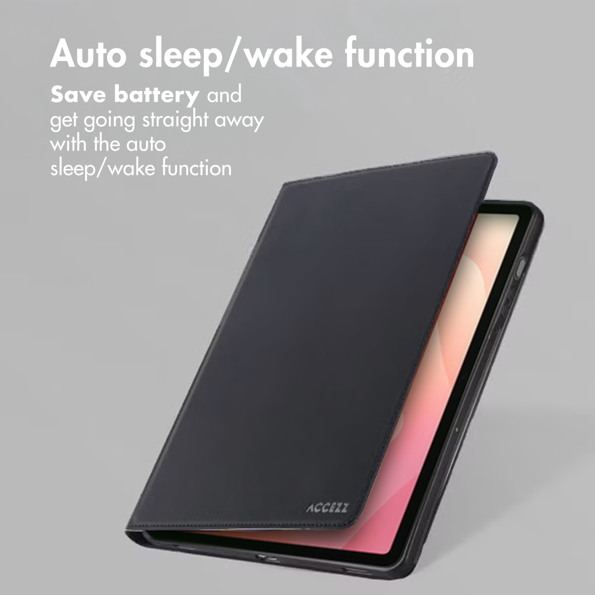 Une coque de tablette noire sur fond gris avec du texte sur la fonction de veille et de réveil automatique.