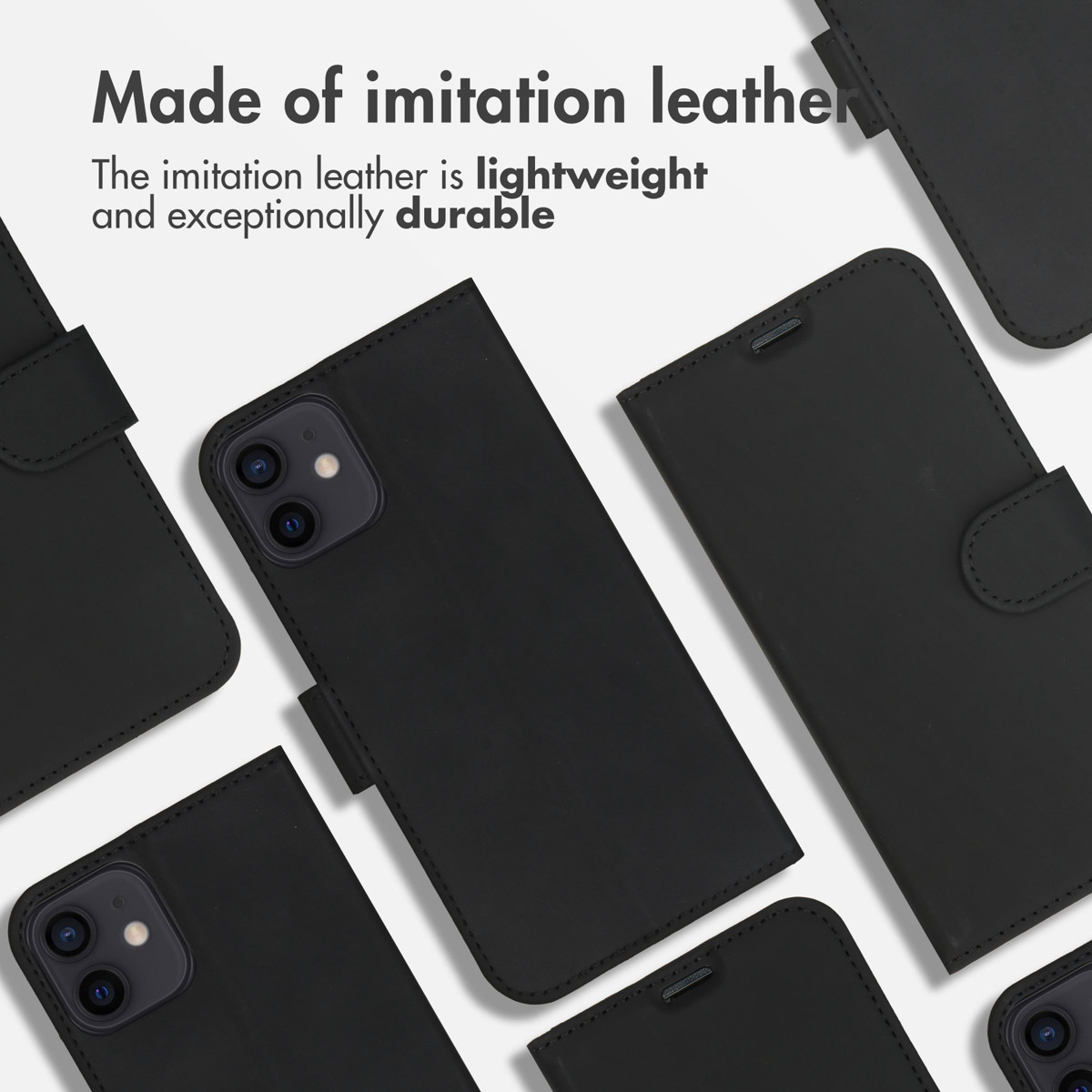 Plusieurs coques de téléphone en similicuir noir affichées sur fond blanc.