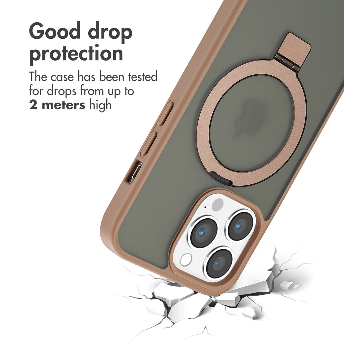 Coque de téléphone marron et vert foncé avec anneau, sur fond blanc craquelé avec du texte.