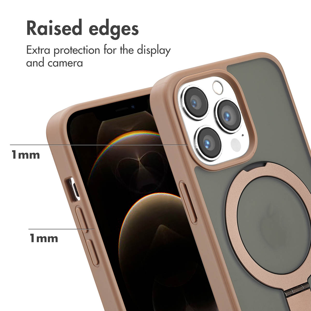 Un smartphone dans une coque marron avec des bords surélevés pour l'écran et l'appareil photo, et un anneau intégré.