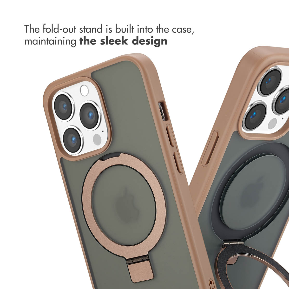 Deux iPhone dans des coques marron avec anneaux MagSafe et pieds intégrés.