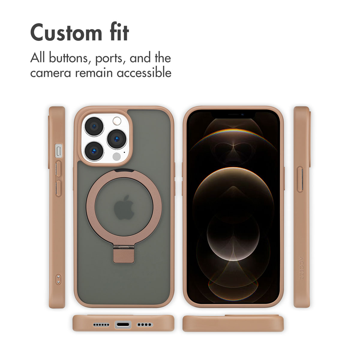 Une coque de smartphone beige sous plusieurs angles, mettant en valeur son ajustement et son anneau.