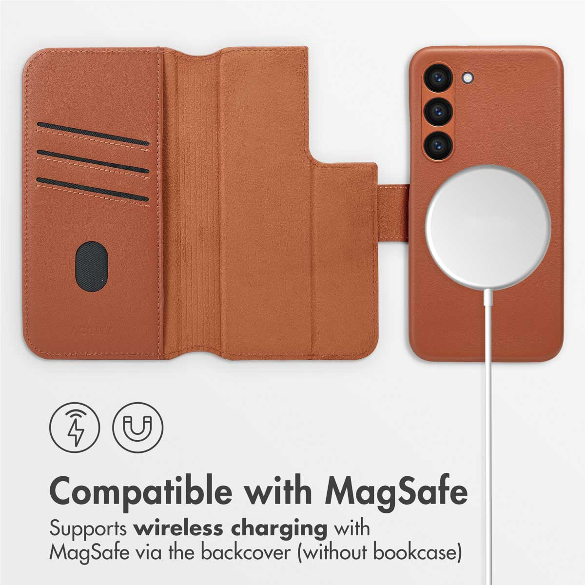 Bruine leren telefoonhoesje met kaartsleuven en draadloze MagSafe-oplader.