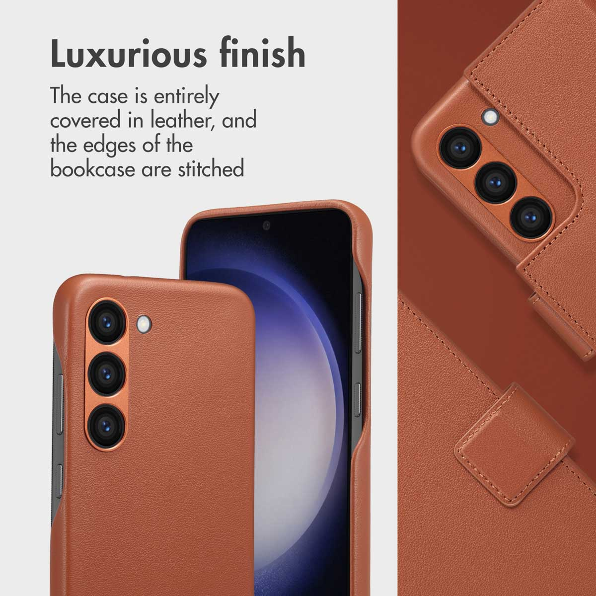 Bruine leren smartphonehoes met genaaide randen en camera-uitsparingen, van voren en achteren getoond.