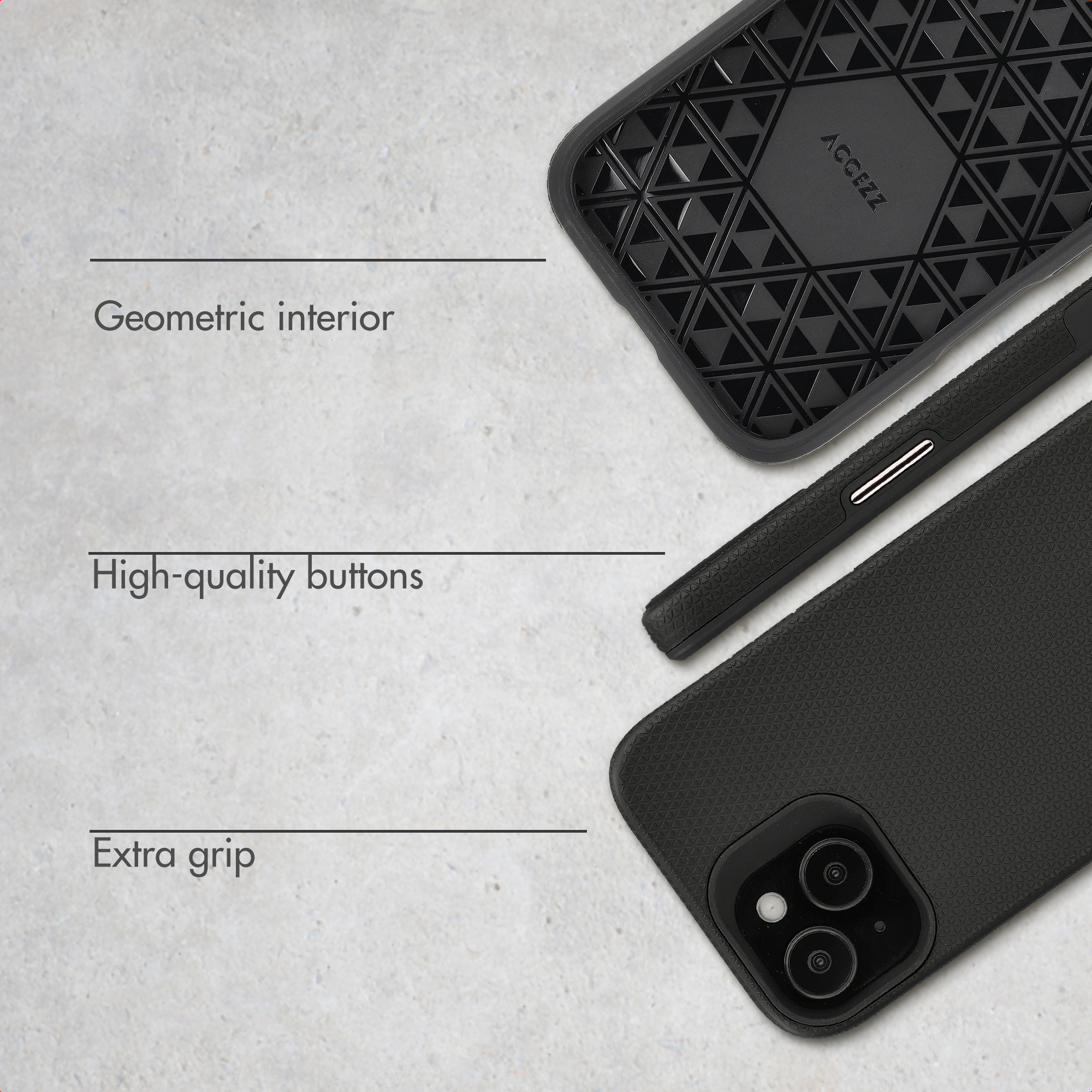 Coque de téléphone noire avec intérieur géométrique, boutons et adhérence.
