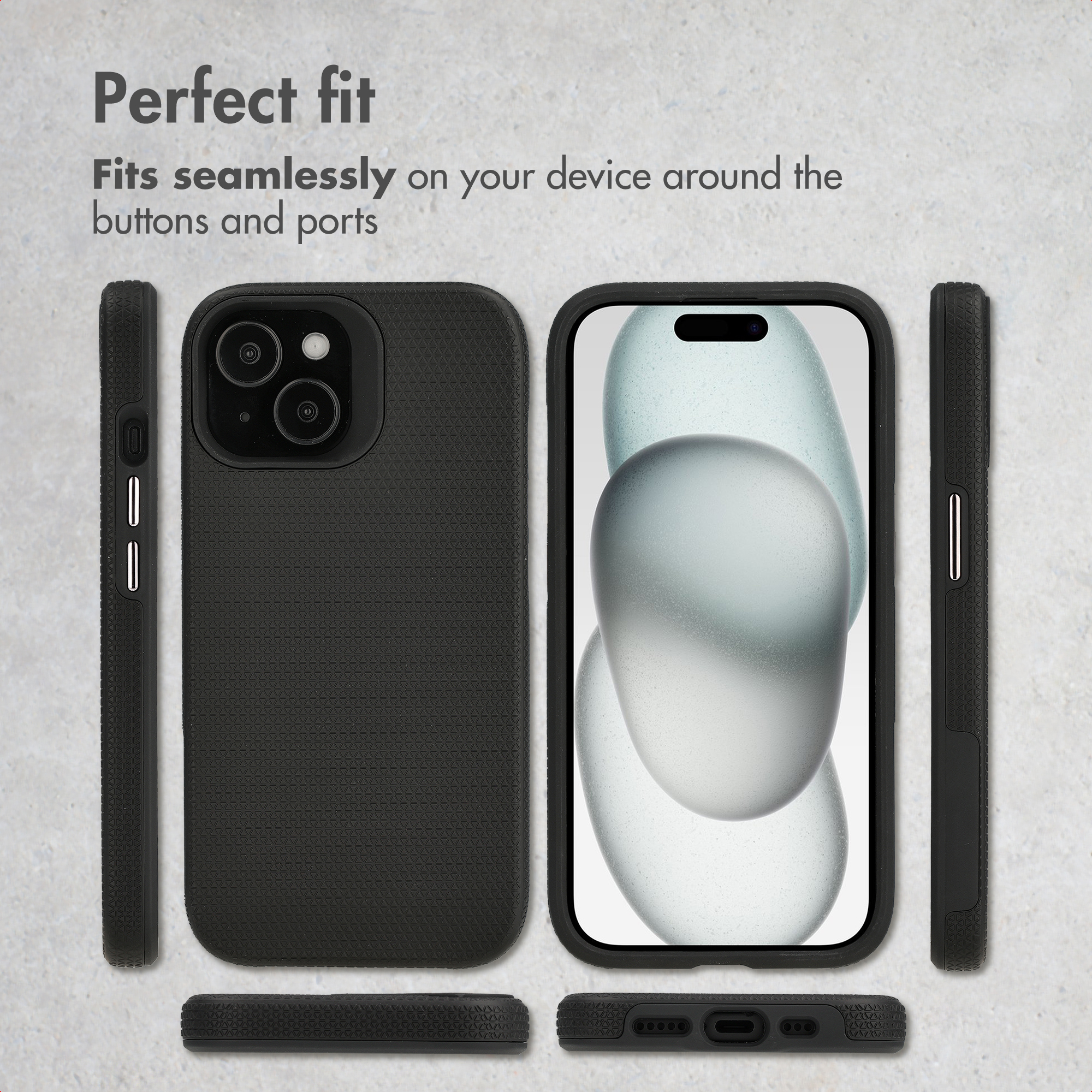 Une coque de smartphone noire sous plusieurs angles, mettant en valeur son dos texturé.