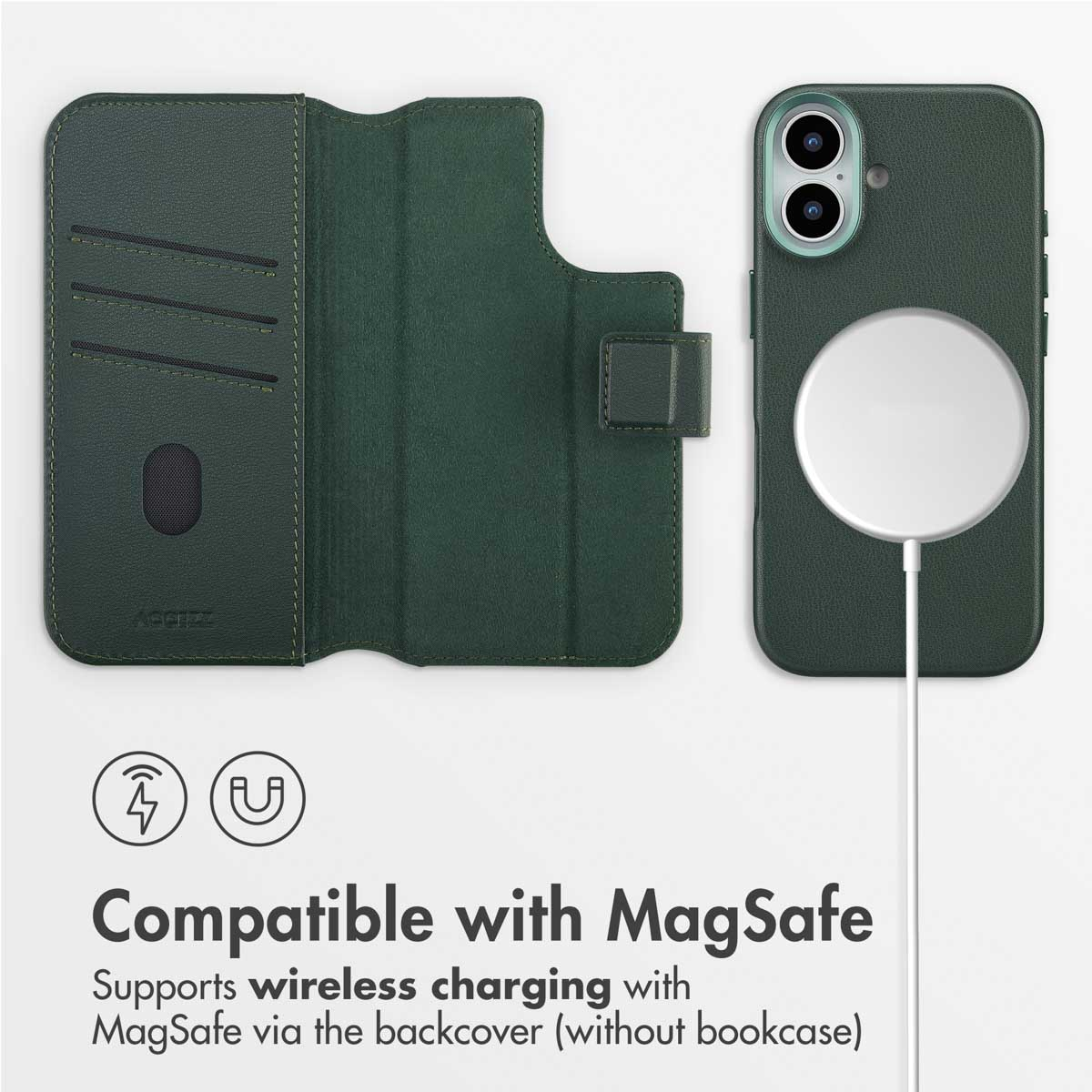 Fundador de cuero verde para teléfono con tarjeteros y cargador MagSafe.