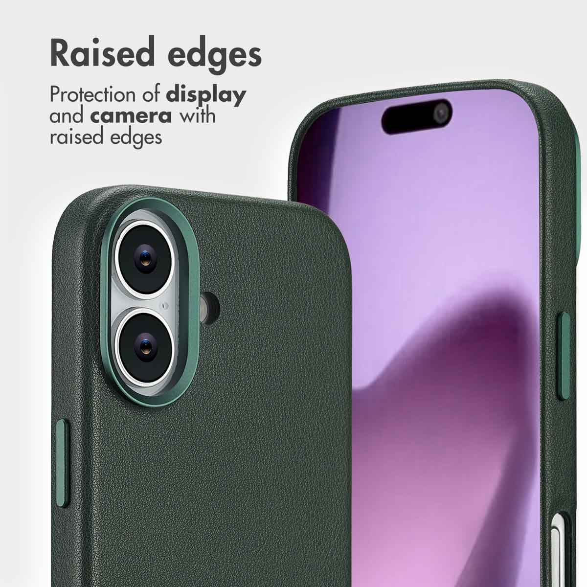 Funda verde para smartphone con bordes elevados para proteger la pantalla y la cámara.