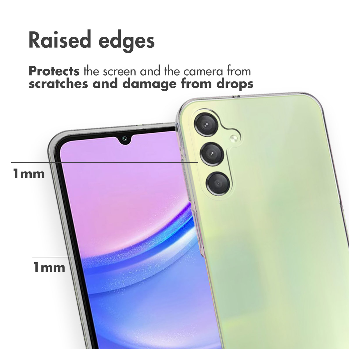Smartphone dans sa coque avec des bords surélevés de 1 mm protégeant l'écran et l'appareil photo.