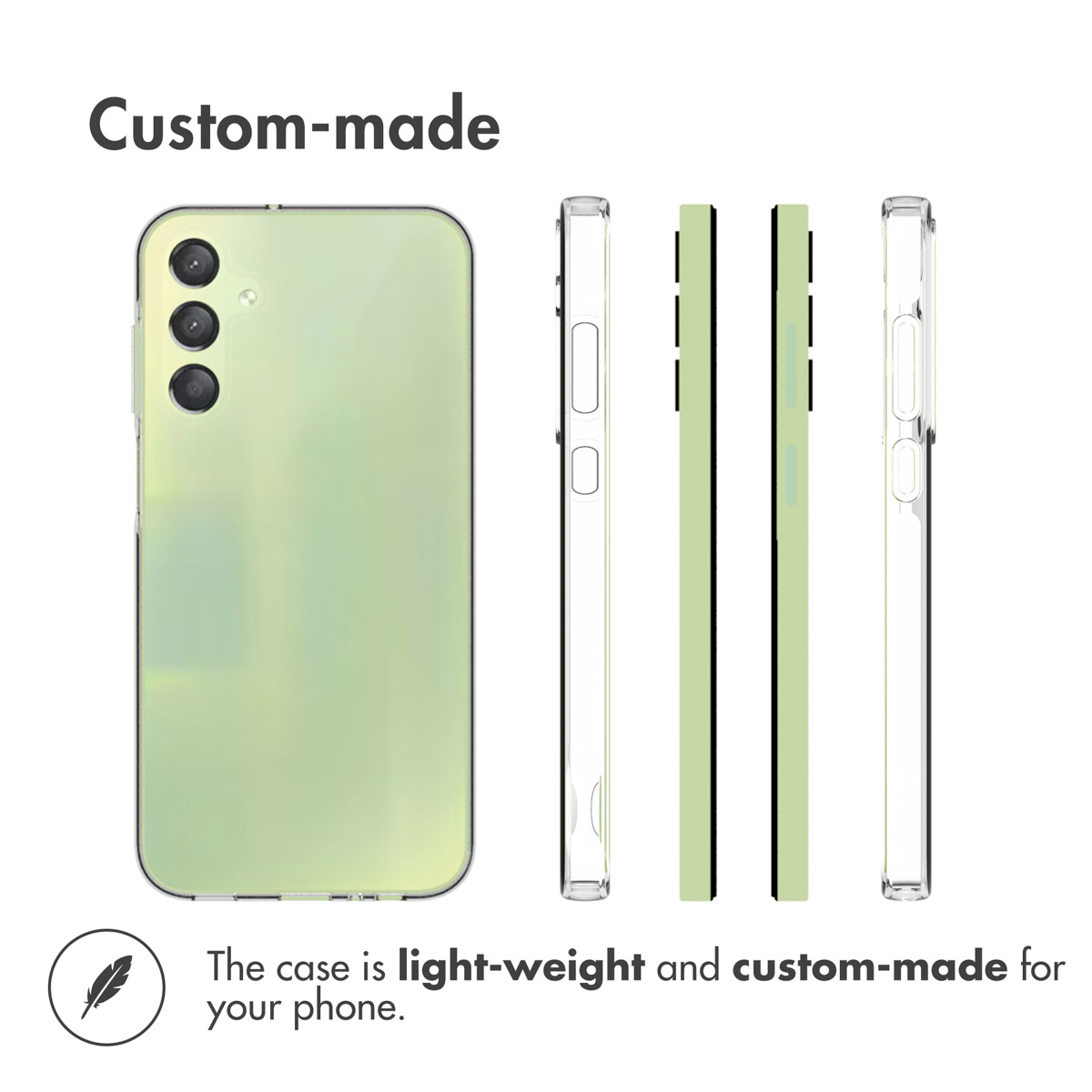 Coque de téléphone verte, légère et sur mesure, sous plusieurs angles.