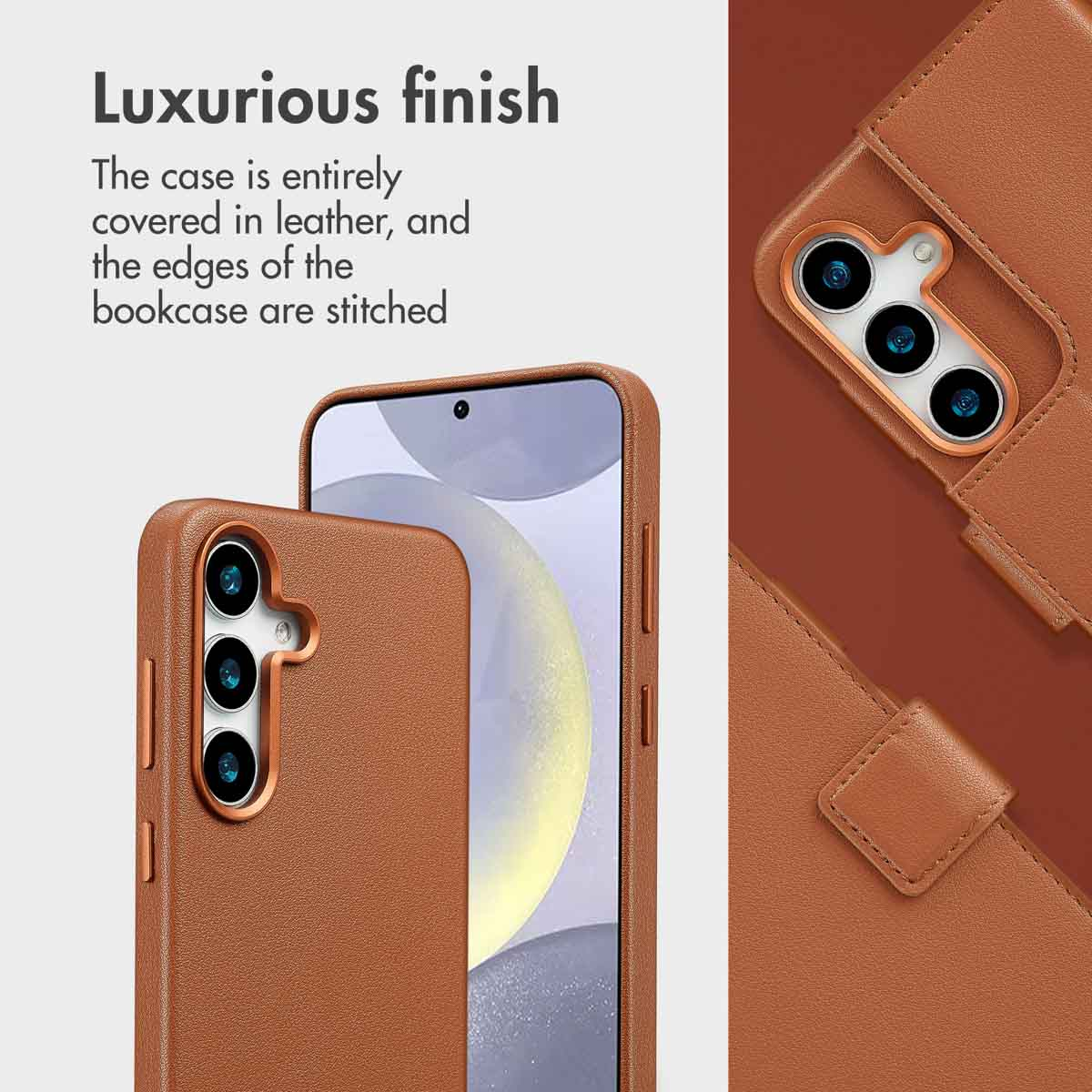Luxuriöse braune Leder-Handyhülle mit genähten Kanten und präzisen Kameraausschnitten.