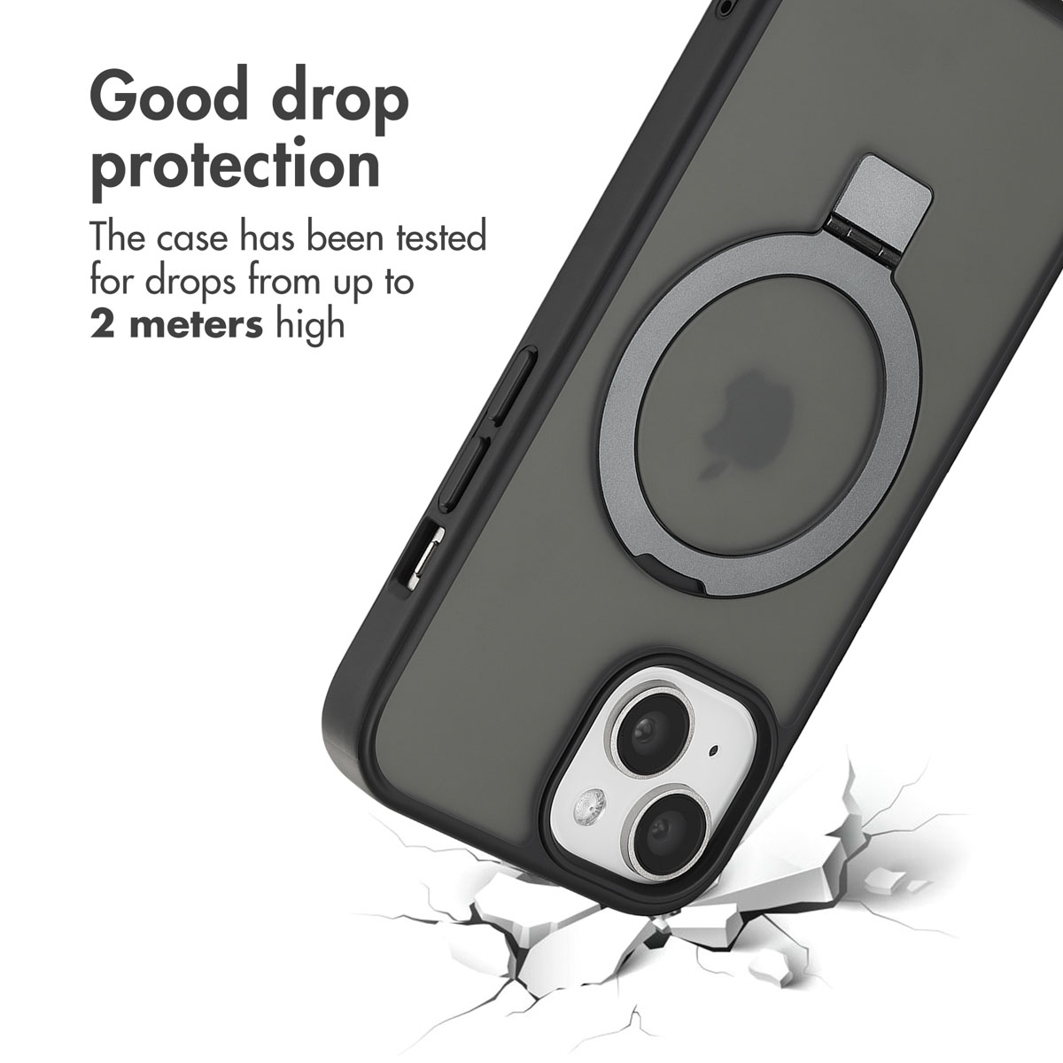 Black phone case with a ring stand, tested for drops up to 2 meters.