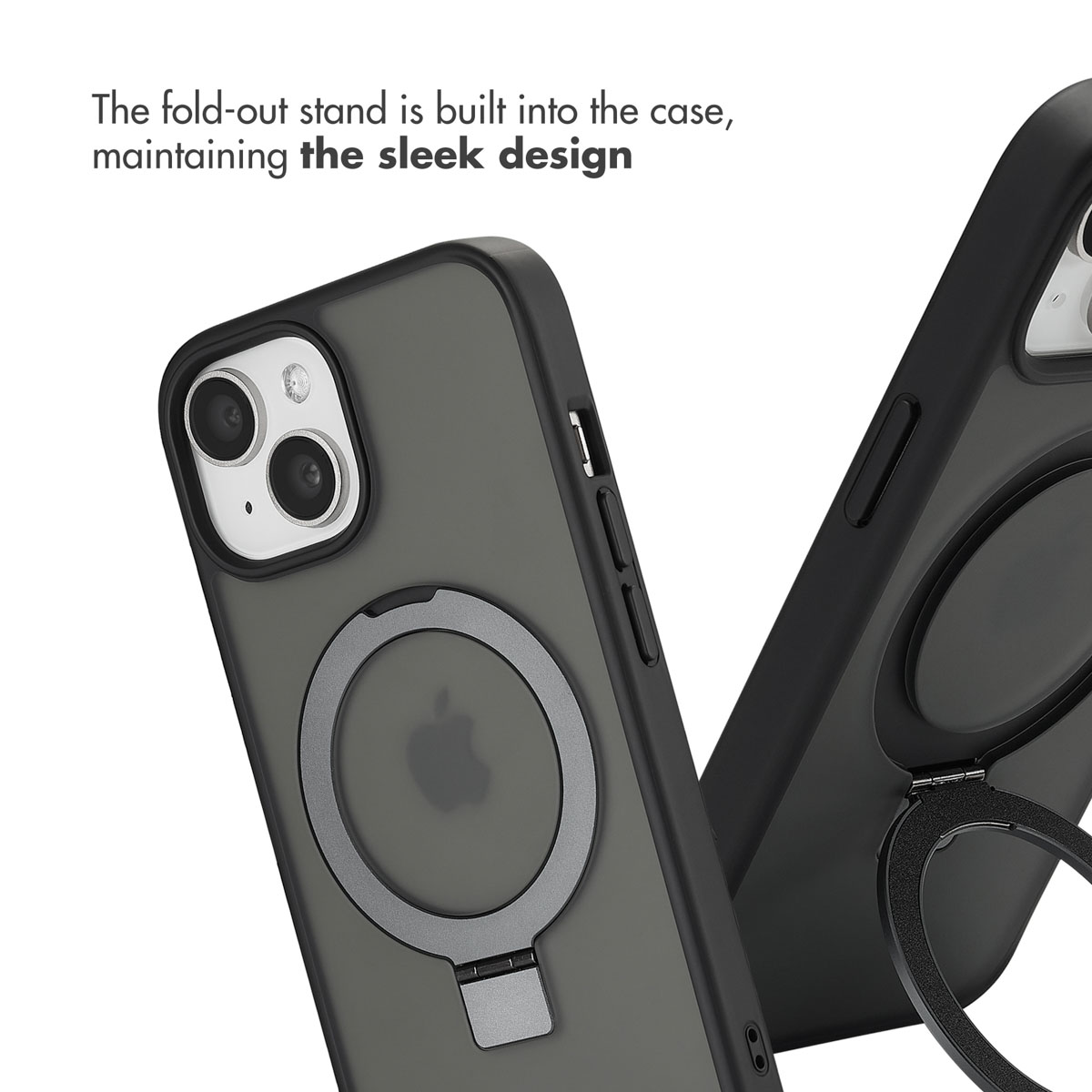 Two black smartphone cases with built-in folding ring stands, shown from the back against a white background.