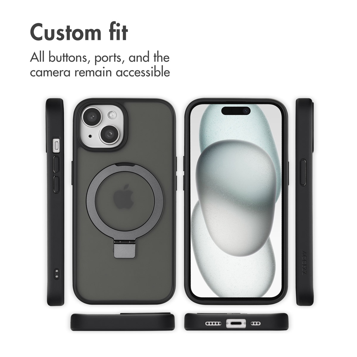 Black phone case with a stand, showing accessible buttons, ports, and camera.
