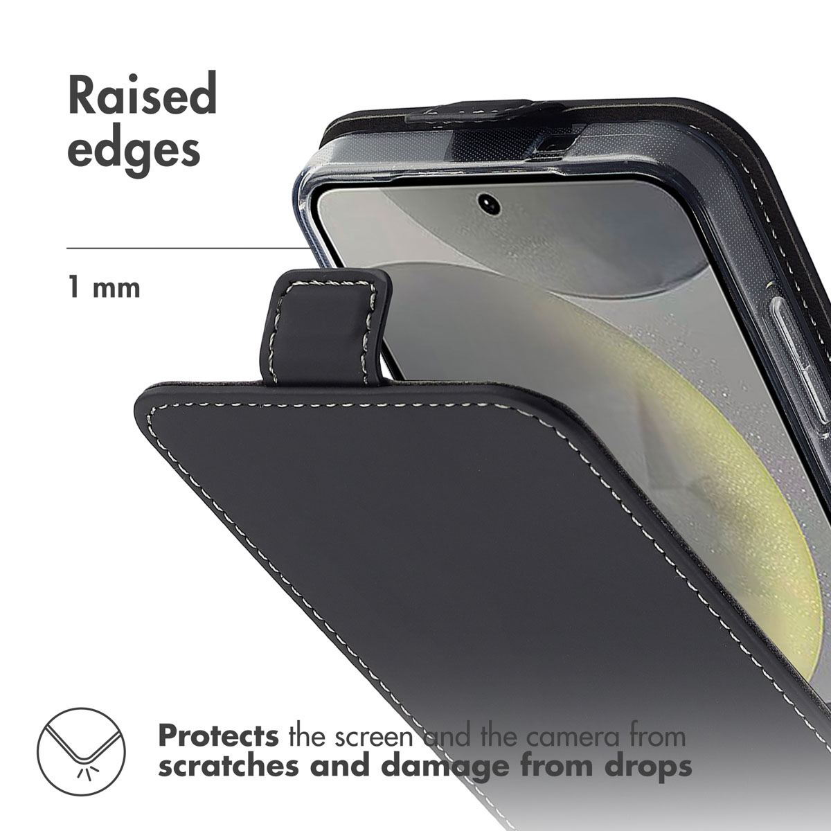 Una funda de móvil negra con bordes elevados de 1 mm para proteger pantalla y cámara.