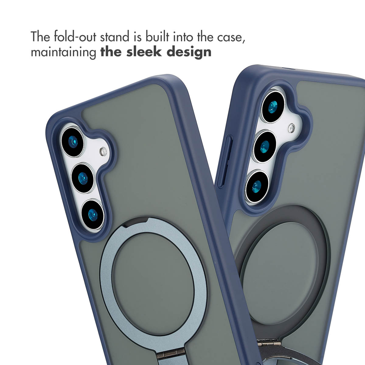 Due custodie per cellulare blu con supporto integrato a filo e anello magnetico sul retro.