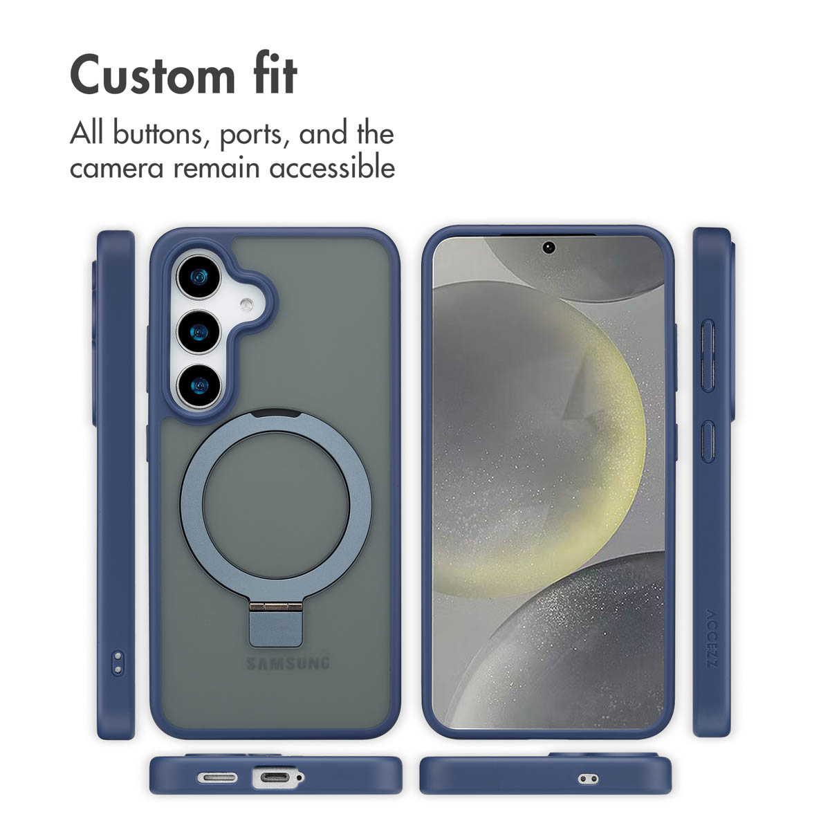Custodia per smartphone blu con supporto ad anello integrato e aperture per tasti e fotocamera.