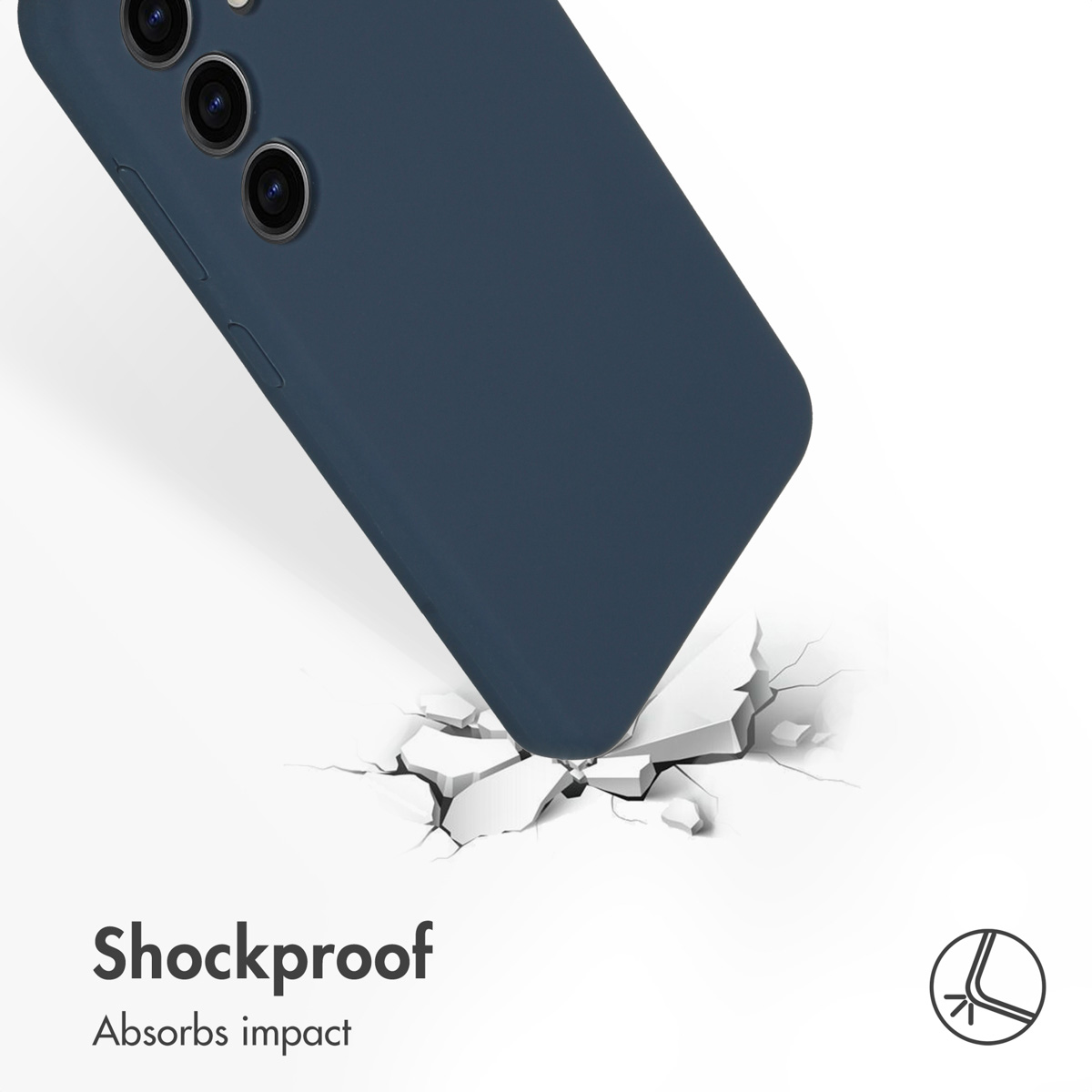 Blaue Smartphone-Hülle stößt gegen eine weiße Oberfläche, die bricht, mit Text und Symbol unten.