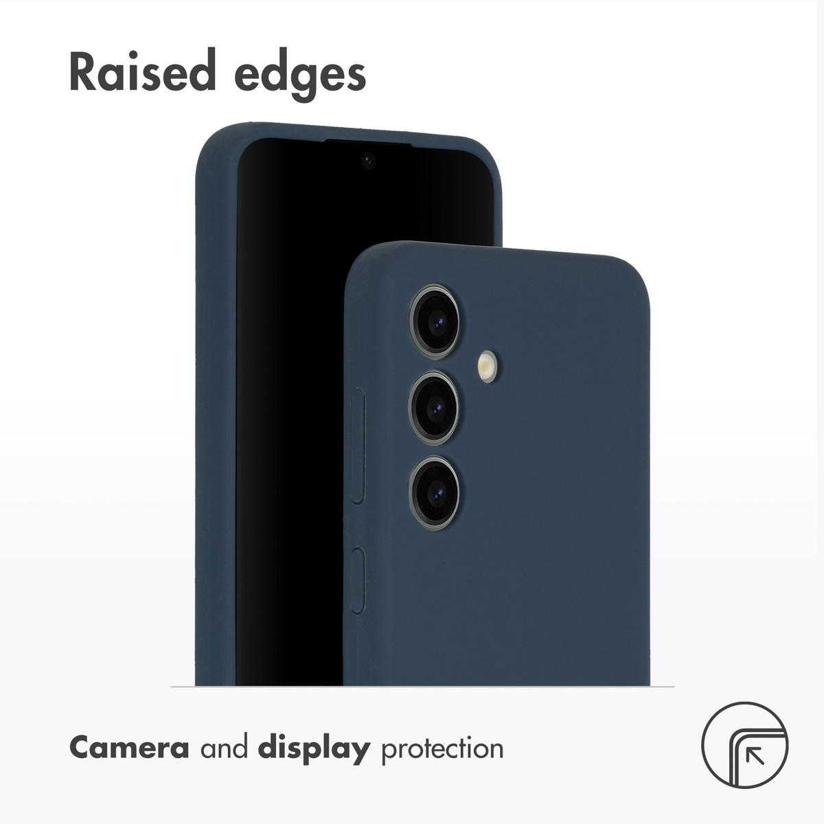 Dunkelblaue Schutzhülle für Smartphones zeigt erhöhte Ränder für Kamera- und Display-Schutz.