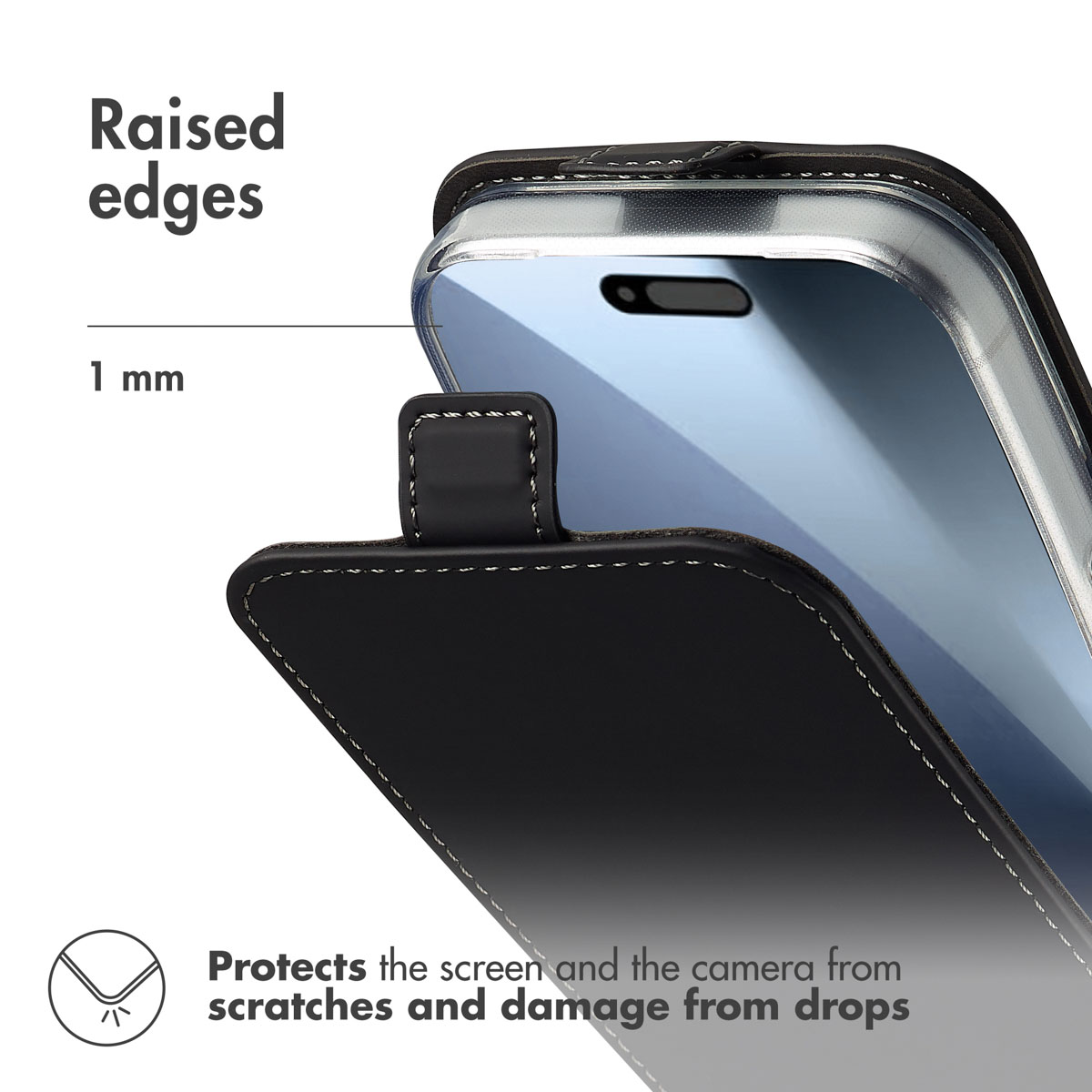 Una funda de móvil de cuero negro con bordes elevados de 1 mm para proteger la pantalla y la cámara.