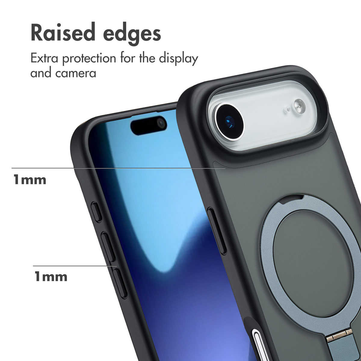 Primer plano de una funda con bordes elevados de 1 mm para proteger la pantalla y la cámara, y un anillo magnético.