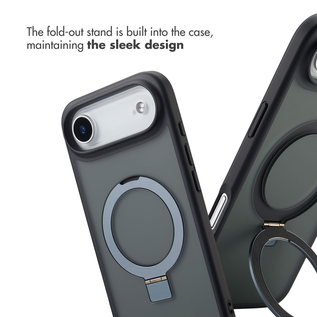 Dos teléfonos negros en fundas, uno con un soporte de anillo plegable integrado en la parte trasera.