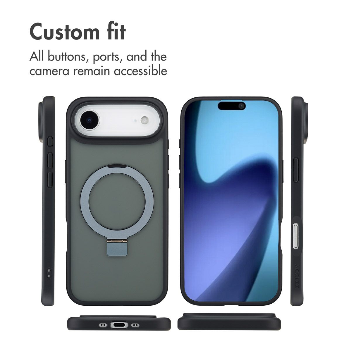 Múltiples vistas de una funda para teléfono con soporte de anillo; botones y puertos accesibles.
