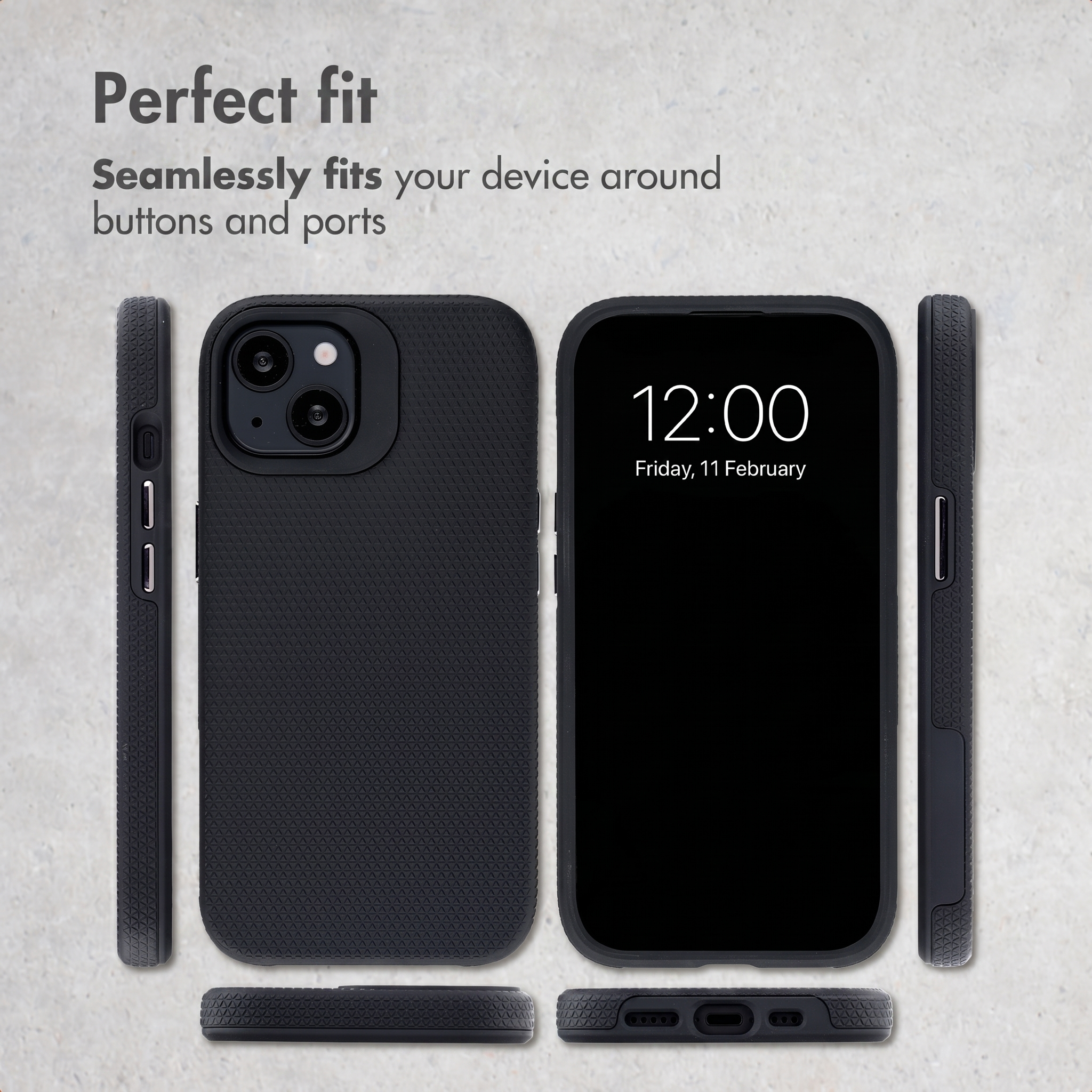 Funda protectora negra para teléfono mostrada desde múltiples ángulos.