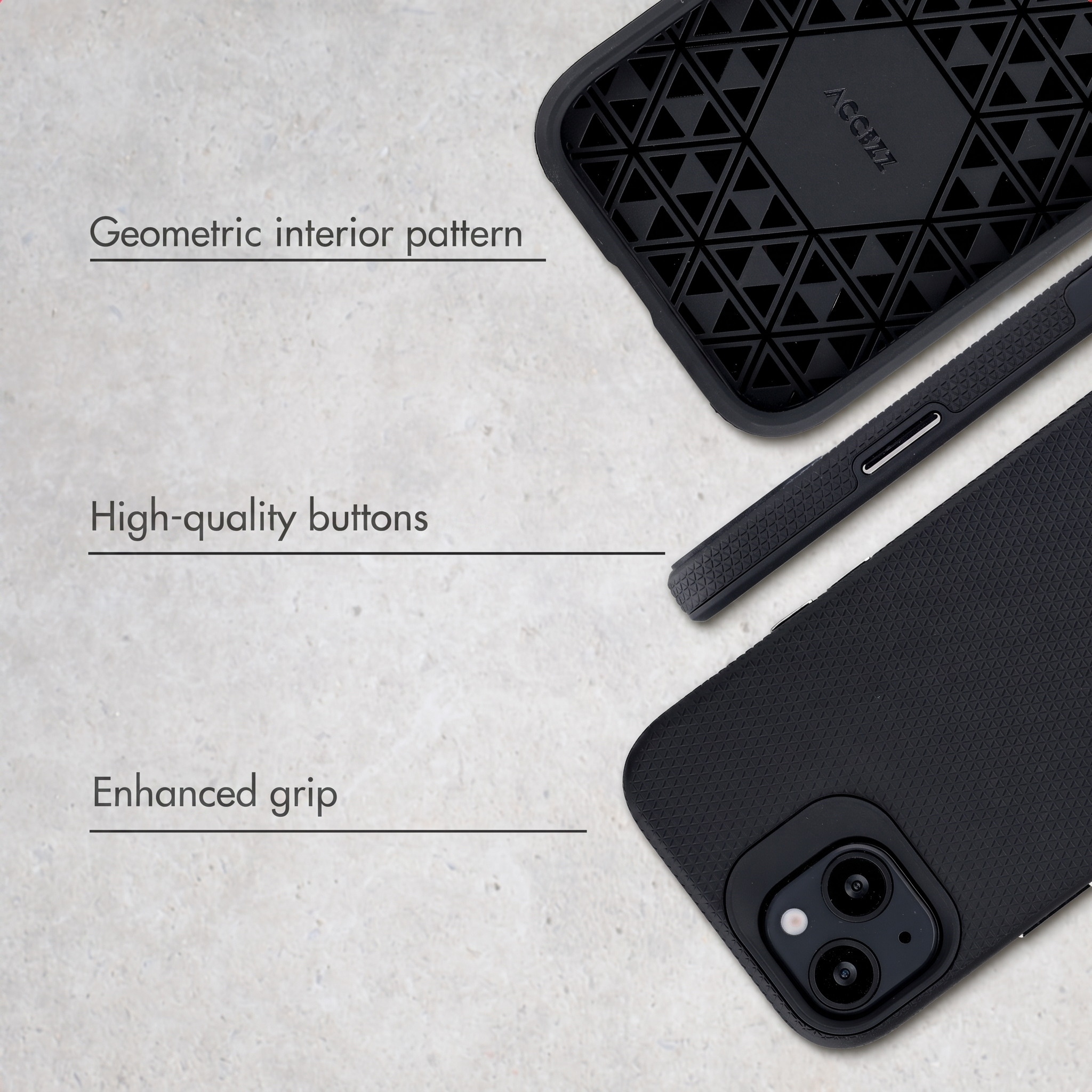 Funda de móvil negra con patrón interior geométrico, botones y agarre mejorado sobre fondo claro.
