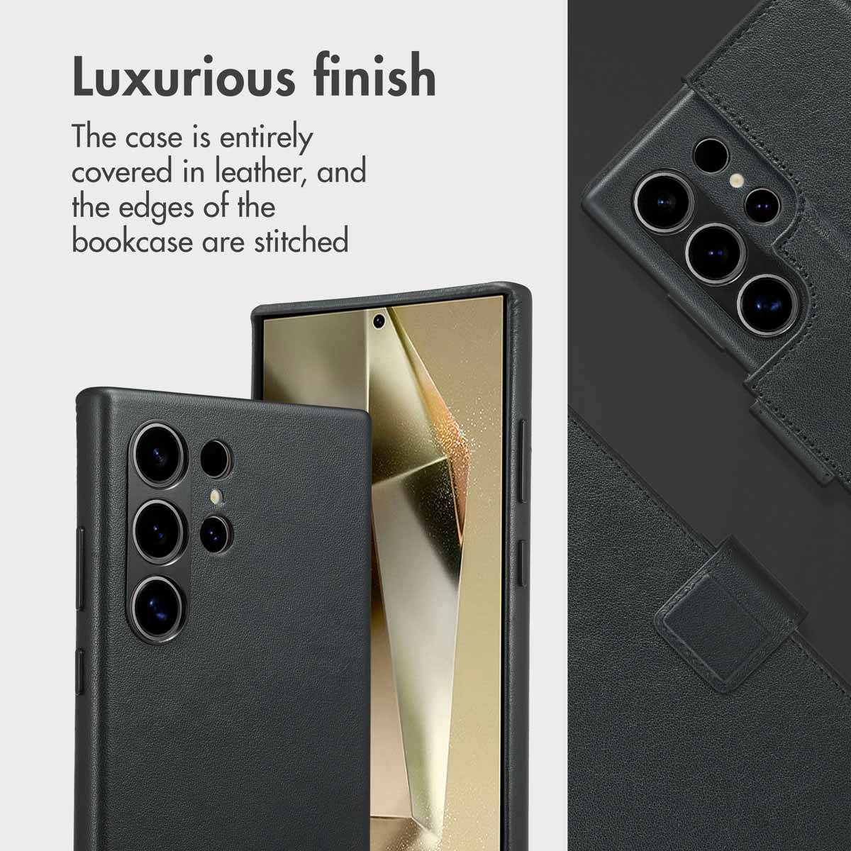 Une coque de smartphone en cuir noir avec des coutures visibles, plusieurs objectifs photo et du texte promotionnel.