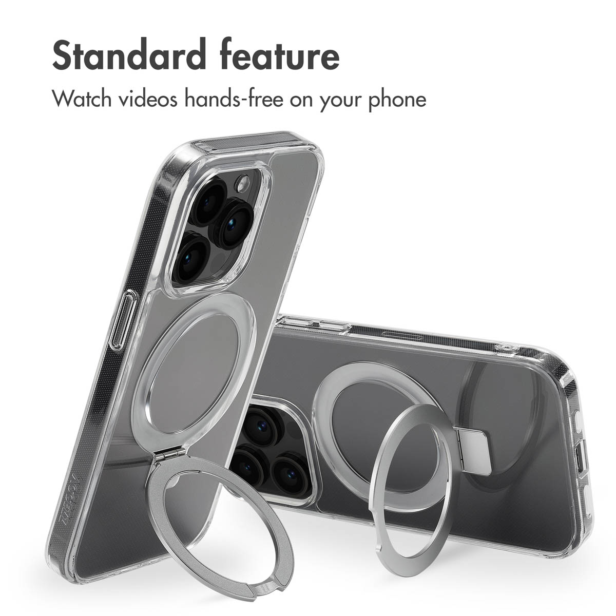 Due custodie trasparenti per telefono con supporto ad anello integrato su sfondo bianco.