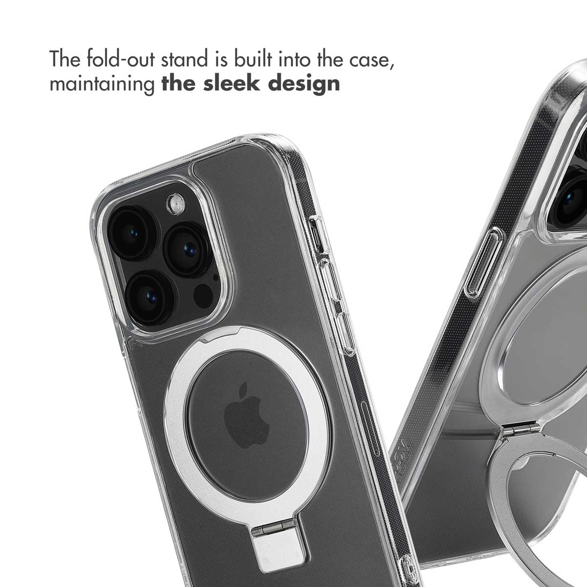 Custodia per smartphone trasparente con supporto pieghevole integrato e anello MagSafe.