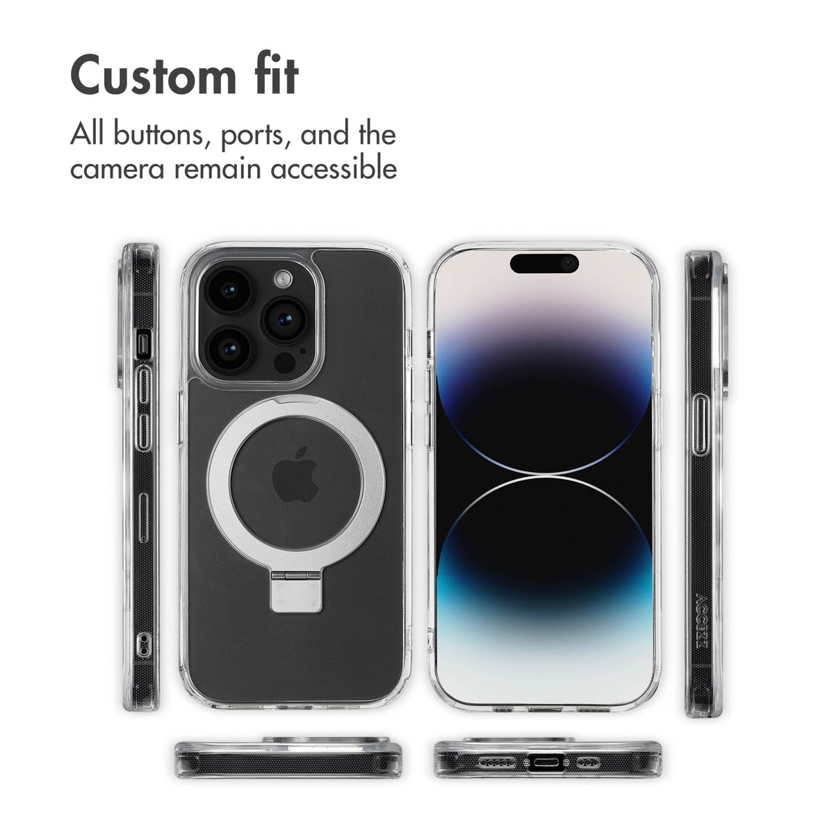 Custodia trasparente con anello MagSafe che mostra diverse angolazioni di uno smartphone e il testo Custom fit.