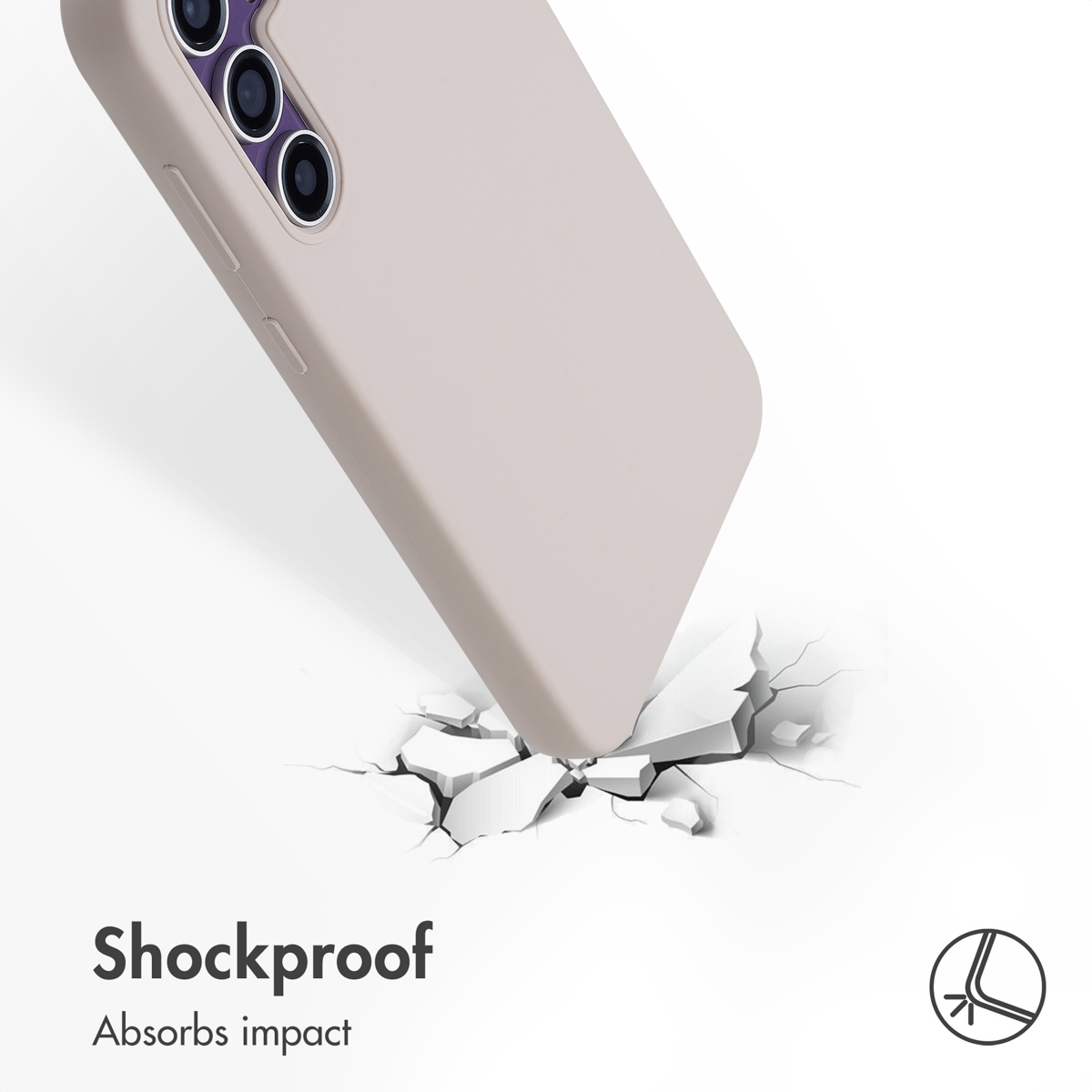 Una cover per telefono beige colpisce una superficie bianca che si crepa, testo Shockproof.