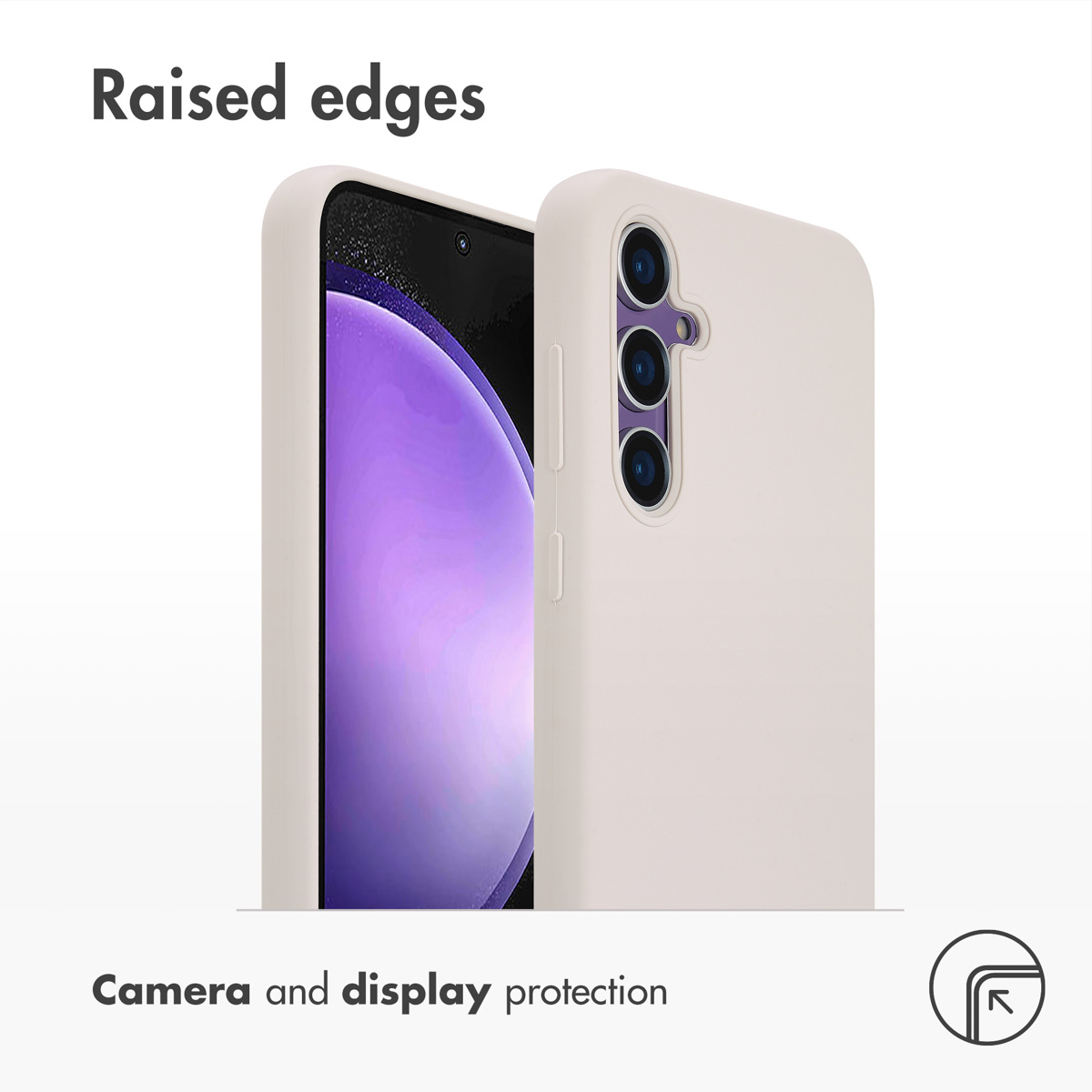 Una custodia beige per smartphone che evidenzia i bordi rialzati per proteggere fotocamera e schermo.