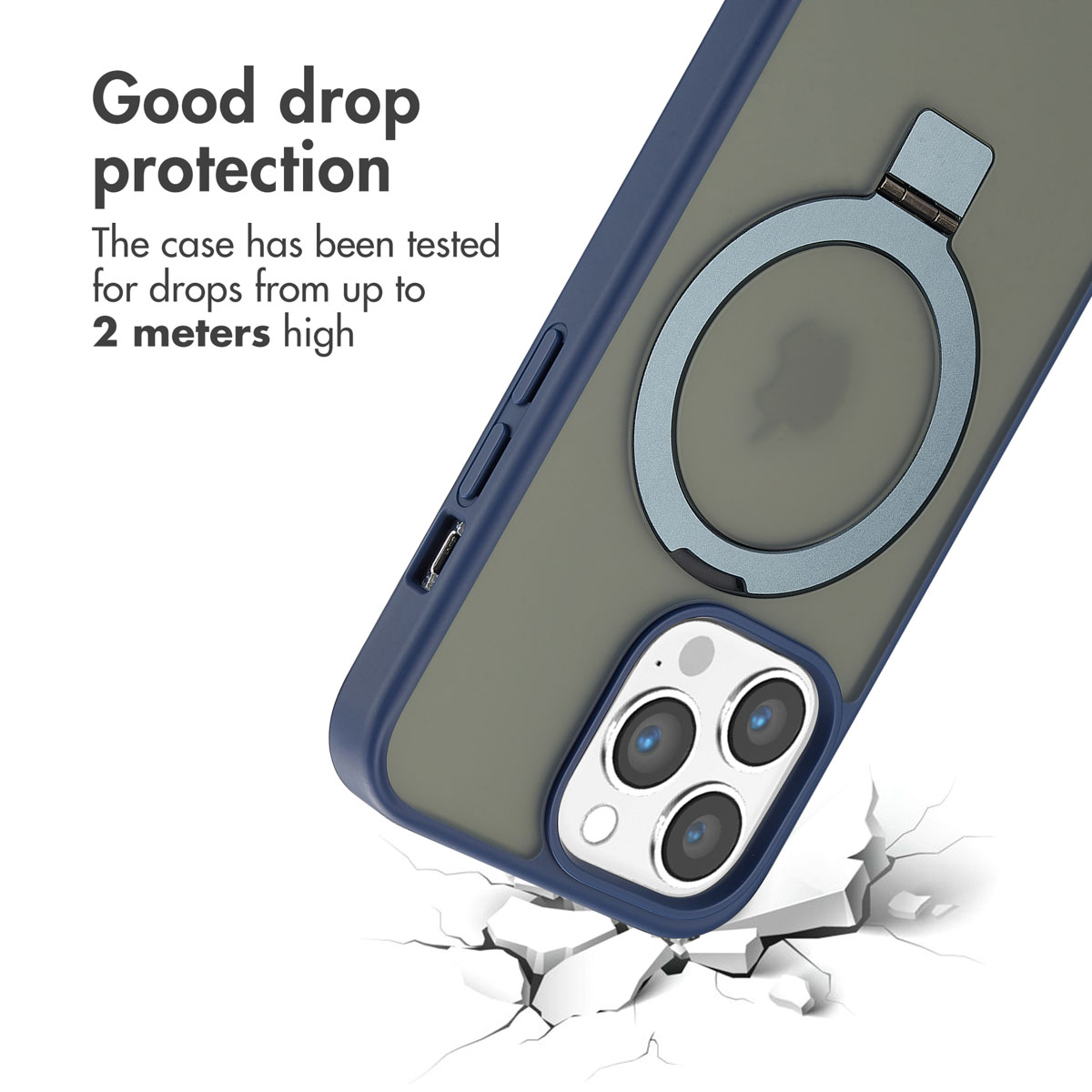 Coque de smartphone bleue avec anneau MagSafe et découpe pour appareil photo montrant la protection.