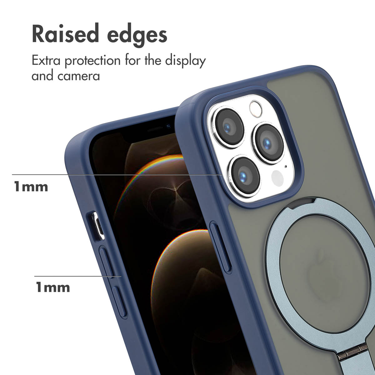 Une coque bleue pour smartphone avec anneau MagSafe montre des bords surélevés de 1 mm pour l'écran et l'appareil.