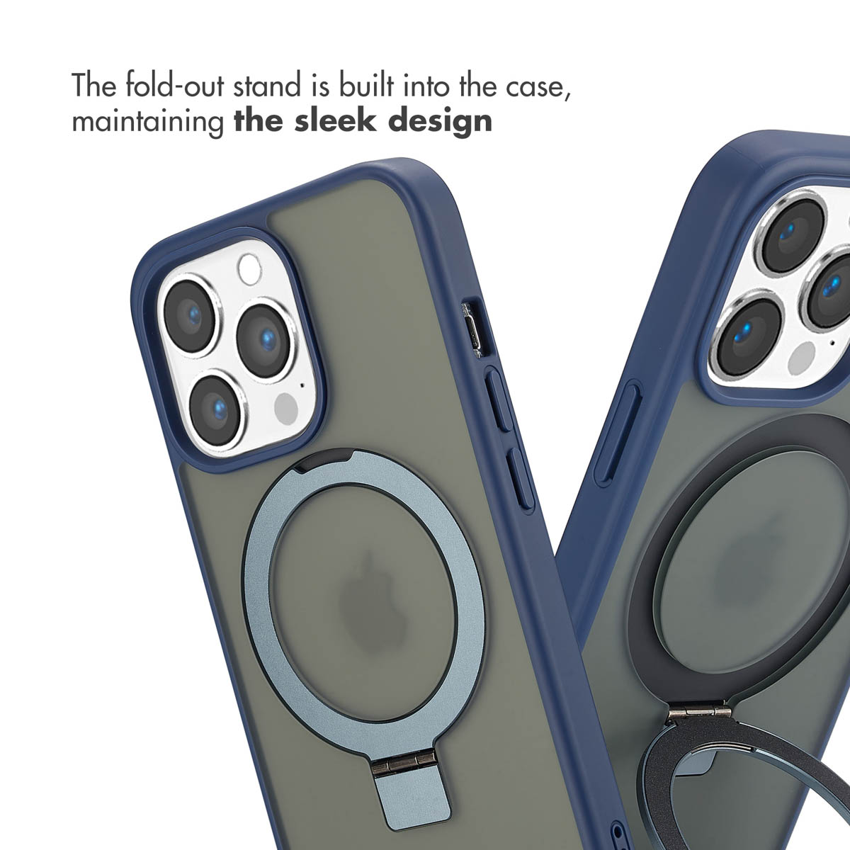 Deux coques de téléphone bleues avec support pliant intégré et anneau MagSafe à l'arrière.
