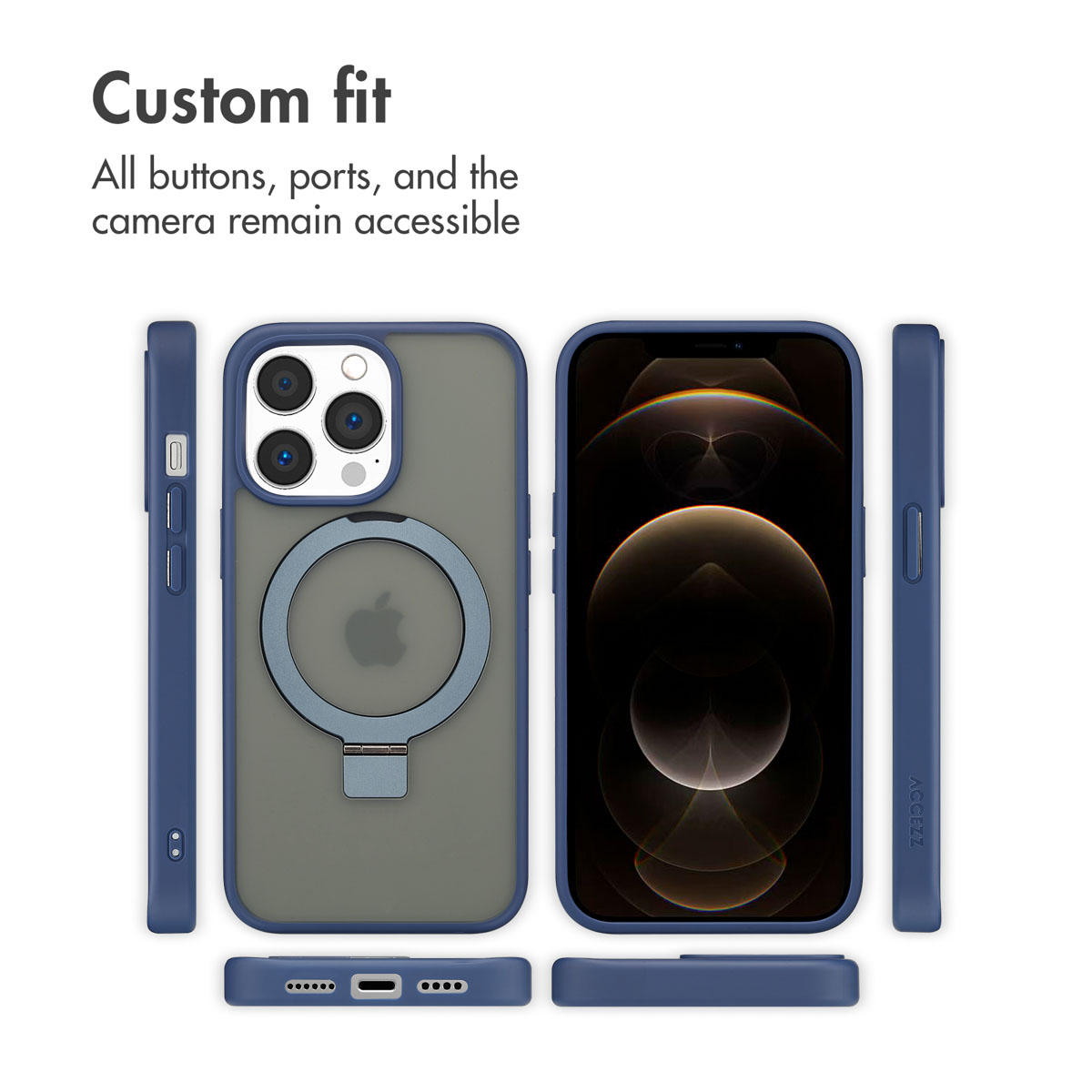 Coque iPhone bleue avec anneau support, boutons et caméra accessibles.