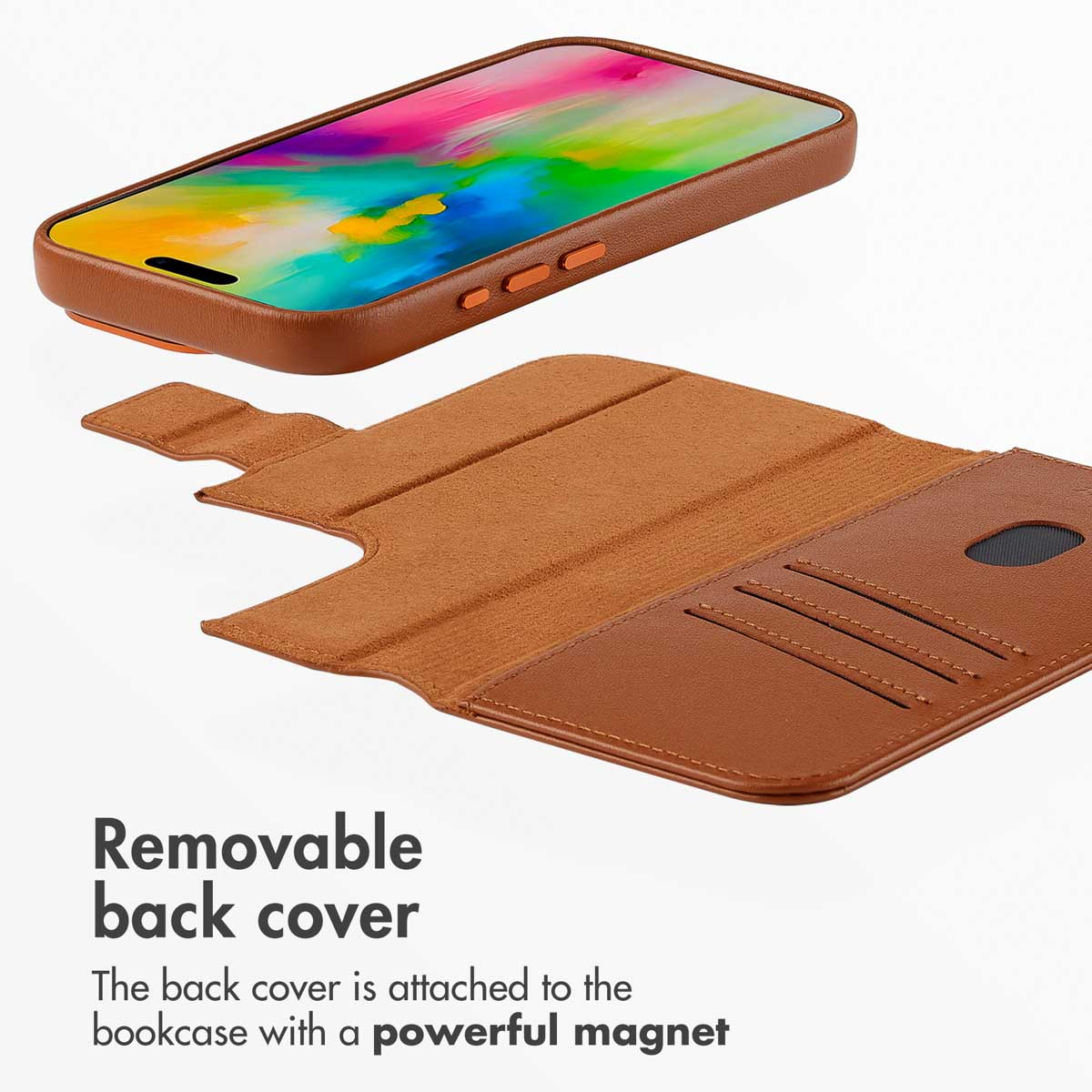 Braune Lederhülle mit abnehmbarem Cover und Magnet.